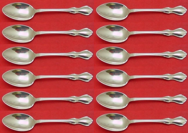 Reed and Barton Hampton Court Sterling Silver Teaspoon Set of 12 pcs 6 inch: Reed and Barton Hampton Court Sterling Silver Teaspoon Set of 12 pcs 6 inch This exquisite set of 12 Hampton Court teaspoons by Reed and Barton is crafted from high-quality sterling silver, each measu