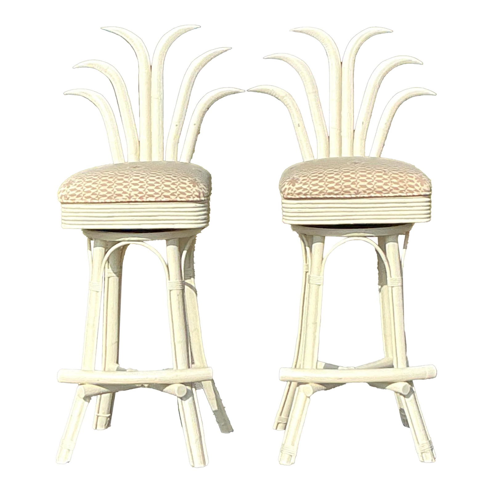 Vintage Coastal Rattan Swivel Bar Stools with Pineapple Backrest - Pair: Vintage Coastal Rattan Swivel Bar Stools with Pineapple Backrest - Pair Elevate your home with this stunning pair of vintage coastal swivel bar stools, beautifully crafted from natural rattan and desi