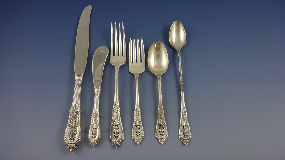 Wallace Rose Point Sterling Silver Flatware Set 77 Pieces with Storage Chest: Wallace Rose Point Sterling Silver Flatware Set 77 Pieces with Storage Chest Introducing the exquisite Rose Point by Wallace Sterling Silver Dinner Size Flatware Set, comprising 77 pieces of timeless
