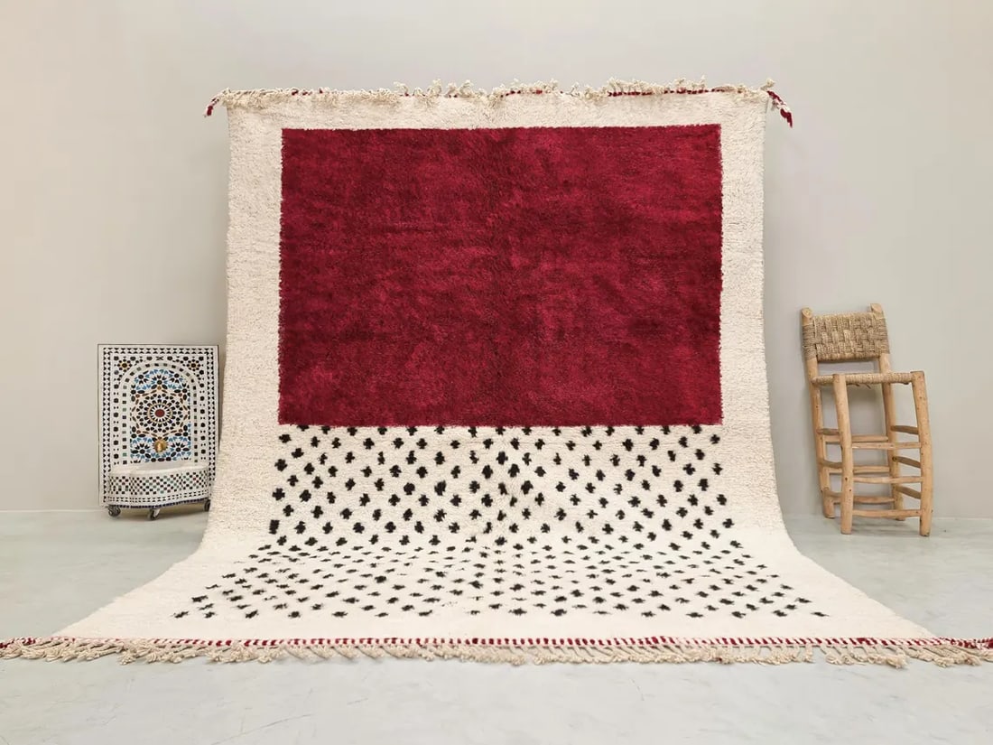 Handmade Berber Wool Rug with Red and Ivory Geometric Design: Handmade Berber Wool Rug with Red and Ivory Geometric Design Elevate your home decor with this exquisite handmade Berber wool rug, expertly crafted by Berber women weavers from the Atlas Mountains of