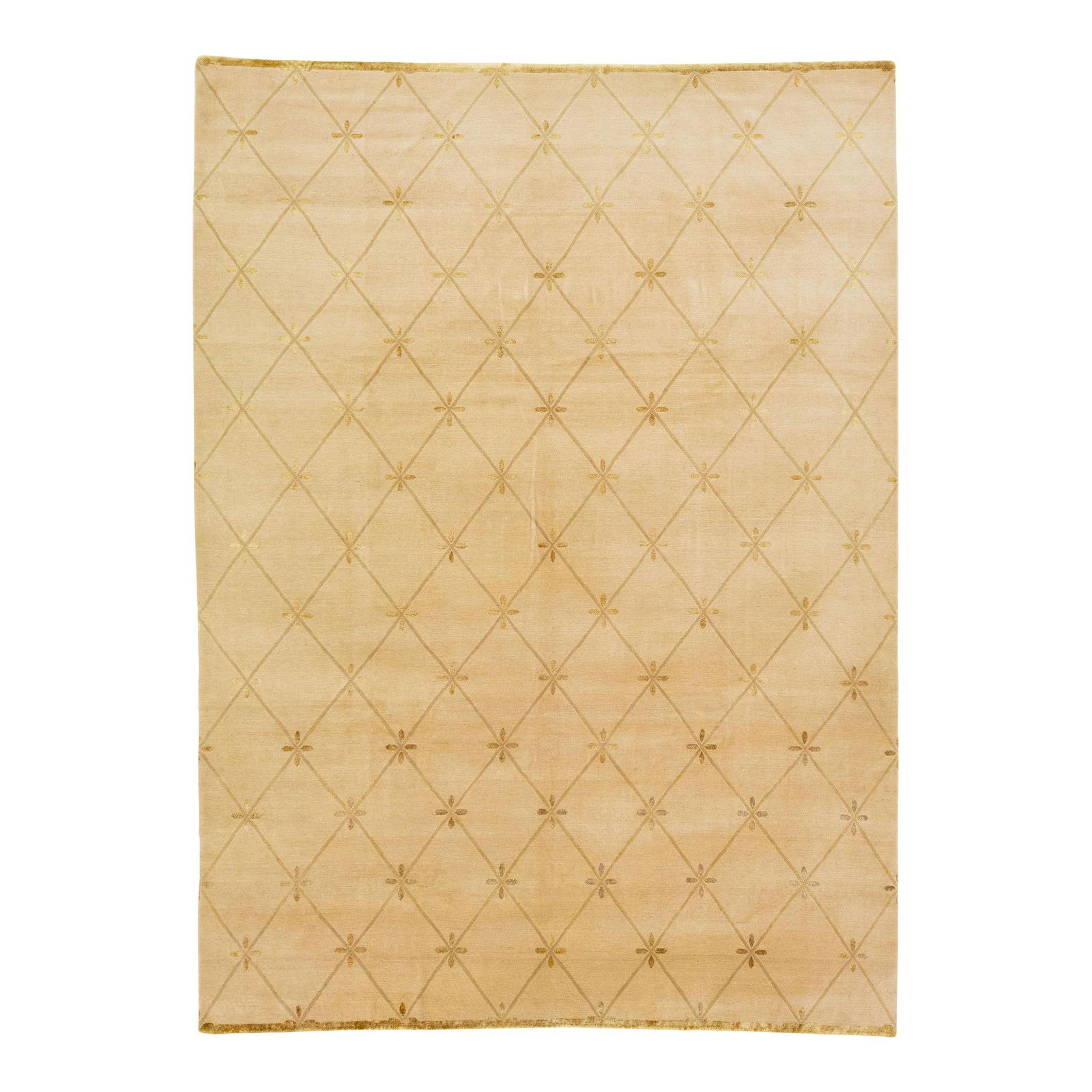 Tan Tibetan Handmade Wool Silk Rug 10' x 14' Floral Design: Tan Tibetan Handmade Wool Silk Rug 10' x 14' Floral Design This exquisite modern Tibetan rug showcases a beautiful tan color field, hand-knotted in Nepal using a blend of wool and silk. It features st