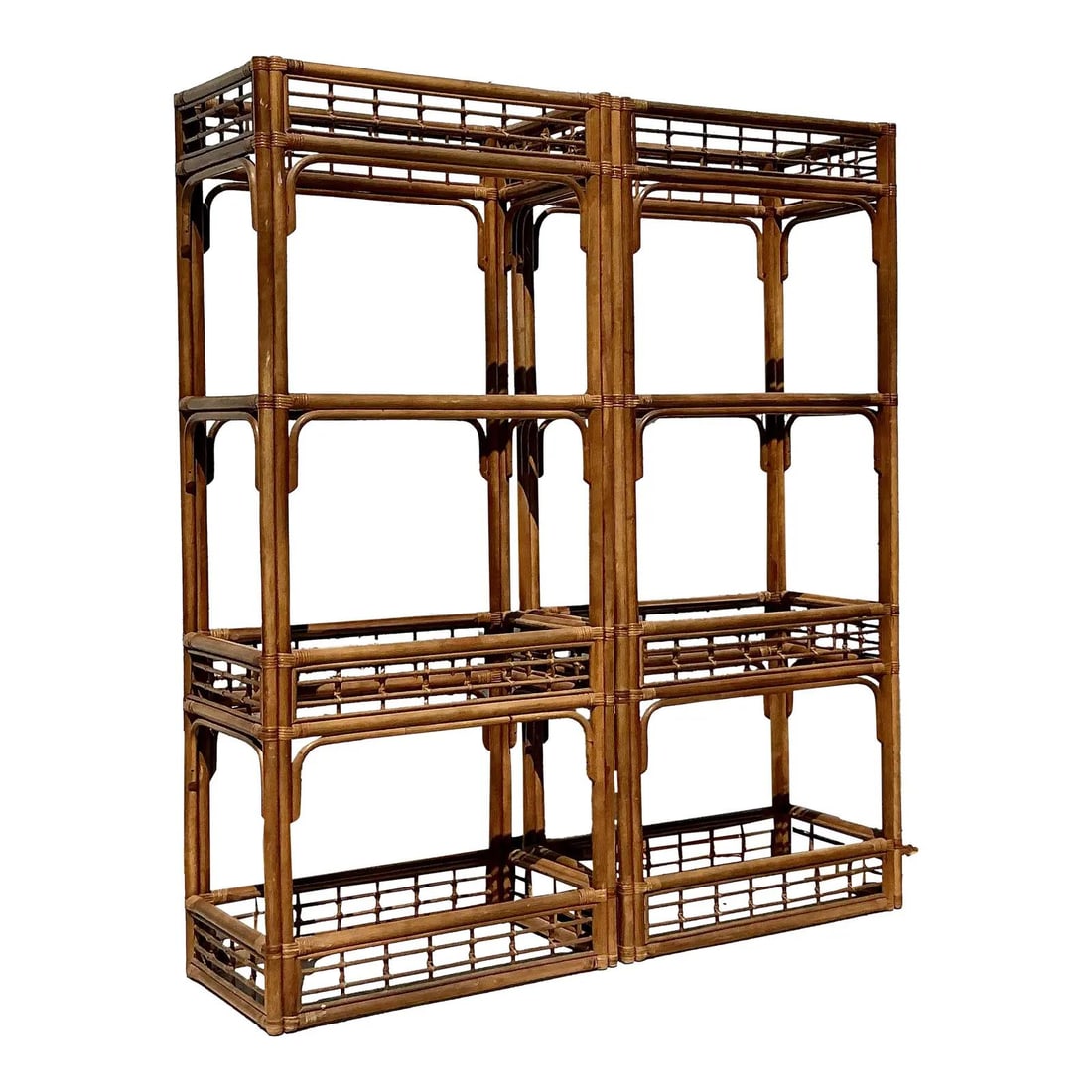 Charming Vintage Rattan Etagere Pair with Glass Shelves: Charming Vintage Rattan Etagere Pair with Glass Shelves Enhance your living space with this charming pair of vintage coastal etageres, expertly crafted from beautifully bent rattan. Each etagere featu