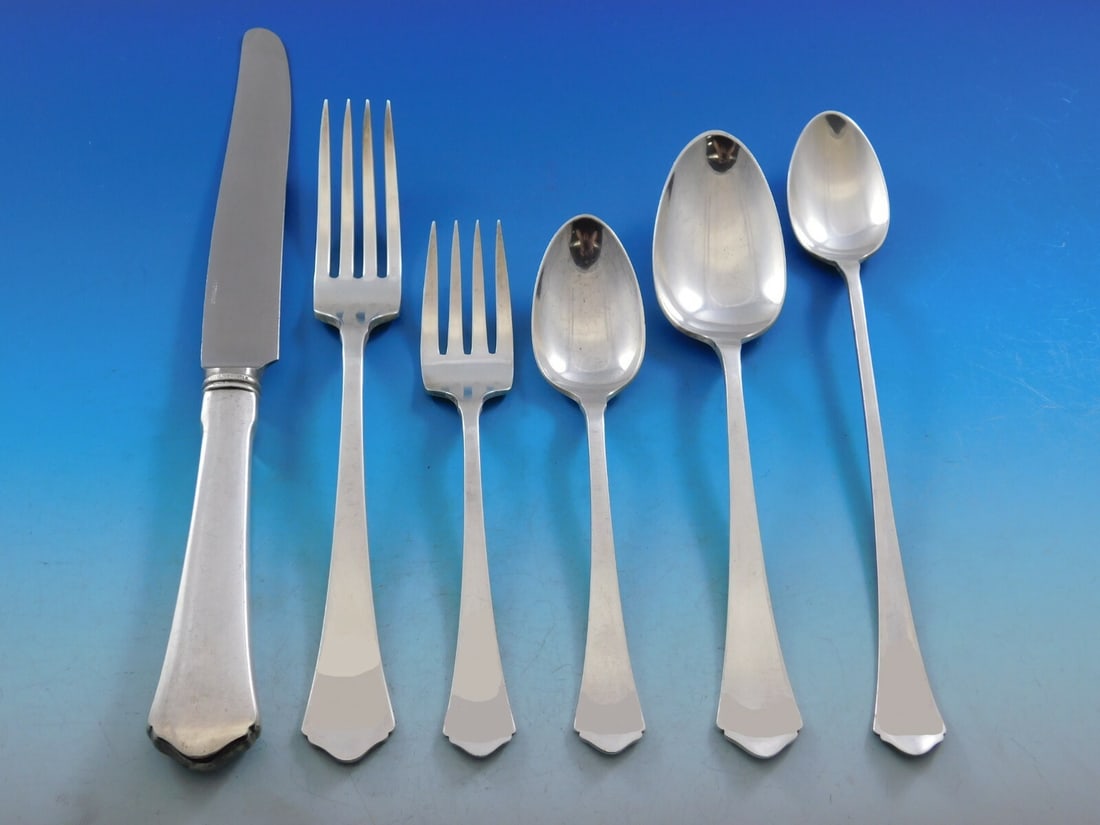 Wallace Antique Sterling Silver Flatware Set 43 Pieces with Storage Chest: Wallace Antique Sterling Silver Flatware Set 43 Pieces with Storage Chest Discover the elegance of dining with this Antique by Wallace Sterling Silver Flatware Set, comprising 43 exquisite pieces. Cra