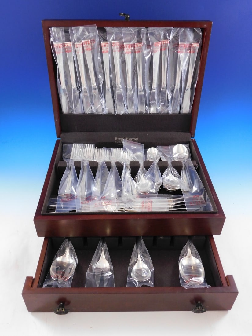 Gorham Theme Sterling Silver Flatware Set 88 Pieces Mid-Century Modern Unused: Gorham Theme Sterling Silver Flatware Set 88 Pieces Mid-Century Modern Unused Introducing a stunning 88-piece flatware set from Gorham, featuring the modern and elegant 'Theme' pattern, introduced in