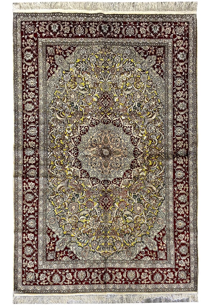 5.2 x 8 Gold Zari Handmade Silk Area Rug: 5.2 x 8 Gold Zari Handmade Silk Area Rug Free continental US Shipping Elevate your home decor with this stunning 5' x 8' Gold Zari Raised Pile Handmade Silk Rug. This exquisite piece combines traditio