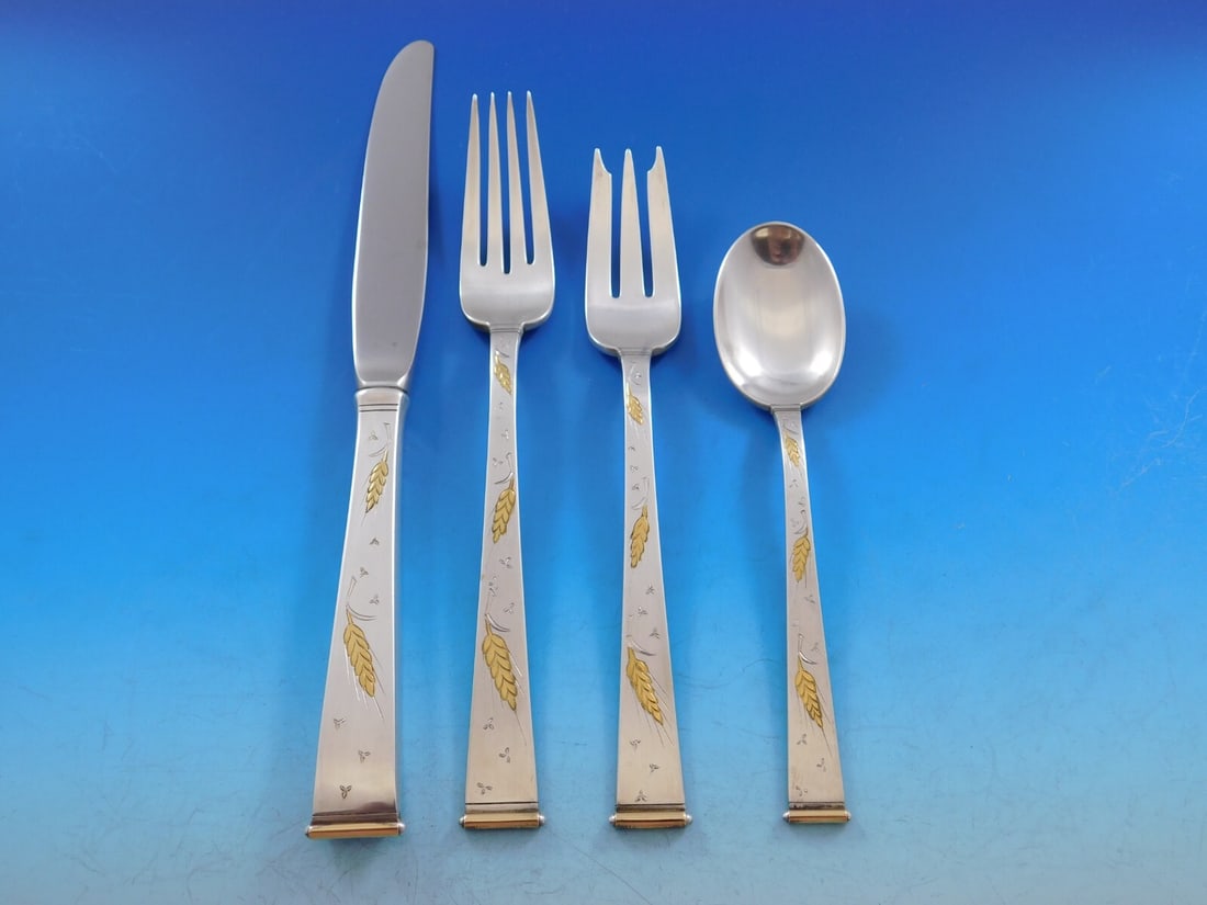 Gorham Golden Wheat Sterling Silver Flatware Set 53 Pieces Scarce: Gorham Golden Wheat Sterling Silver Flatware Set 53 Pieces Scarce Enhance your dining experience with this elegant Golden Wheat flatware service from Gorham. This stunning 53-piece set, crafted from h