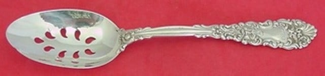 Dominick & Haff Renaissance Sterling Silver Slotted Spoon 9-Hole Custom: Dominick & Haff Renaissance Sterling Silver Slotted Spoon 9-Hole Custom This exquisite slotted serving spoon is crafted from sterling silver by Dominick & Haff, featuring a custom 9-hole design. The p