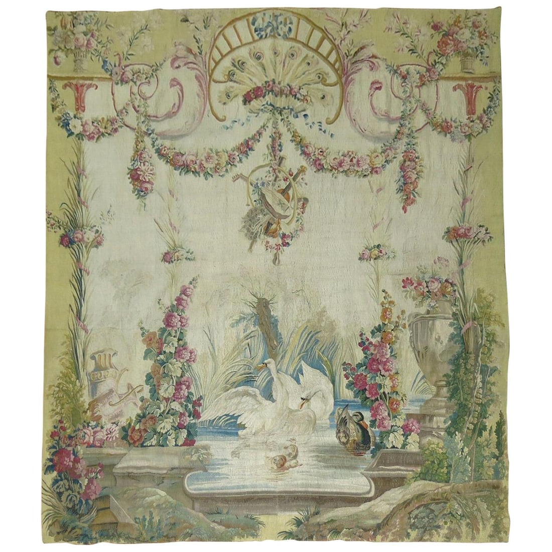 18th Century French Aubusson Tapestry Panel Swans Ducks: 18th Century French Aubusson Tapestry Panel Swans Ducks This stunning late 18th century Aubusson tapestry panel showcases a picturesque scene with swans and ducks gracefully swimming in a serene lake,