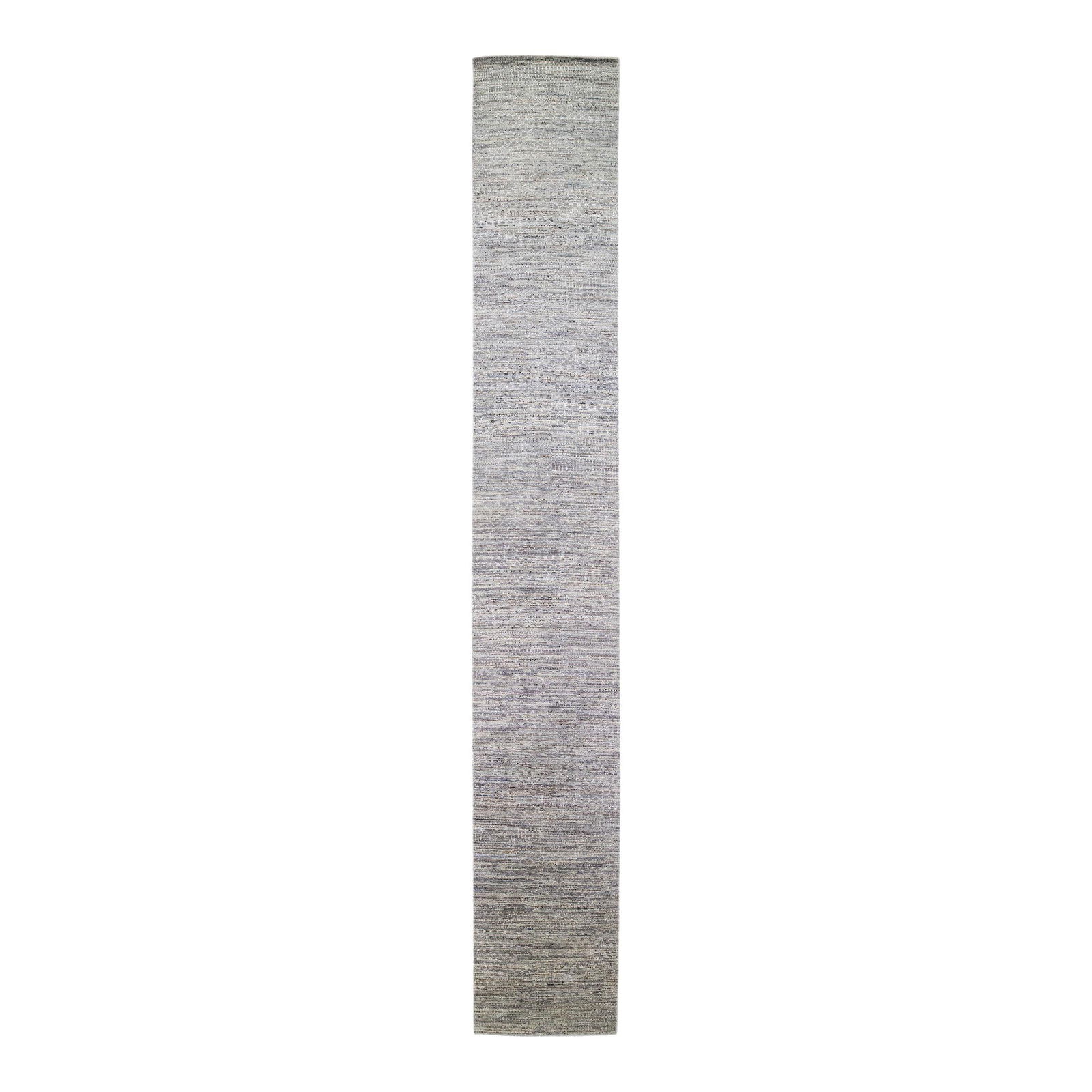 Contemporary Savannah Hand-Knotted Gray Wool Geometric Runner 3'2 x 23'5: Contemporary Savannah Hand-Knotted Gray Wool Geometric Runner 3'2 x 23'5 Enhance your living space with this stunning contemporary Savannah handmade wool runner rug. Featuring a finely detailed gray c