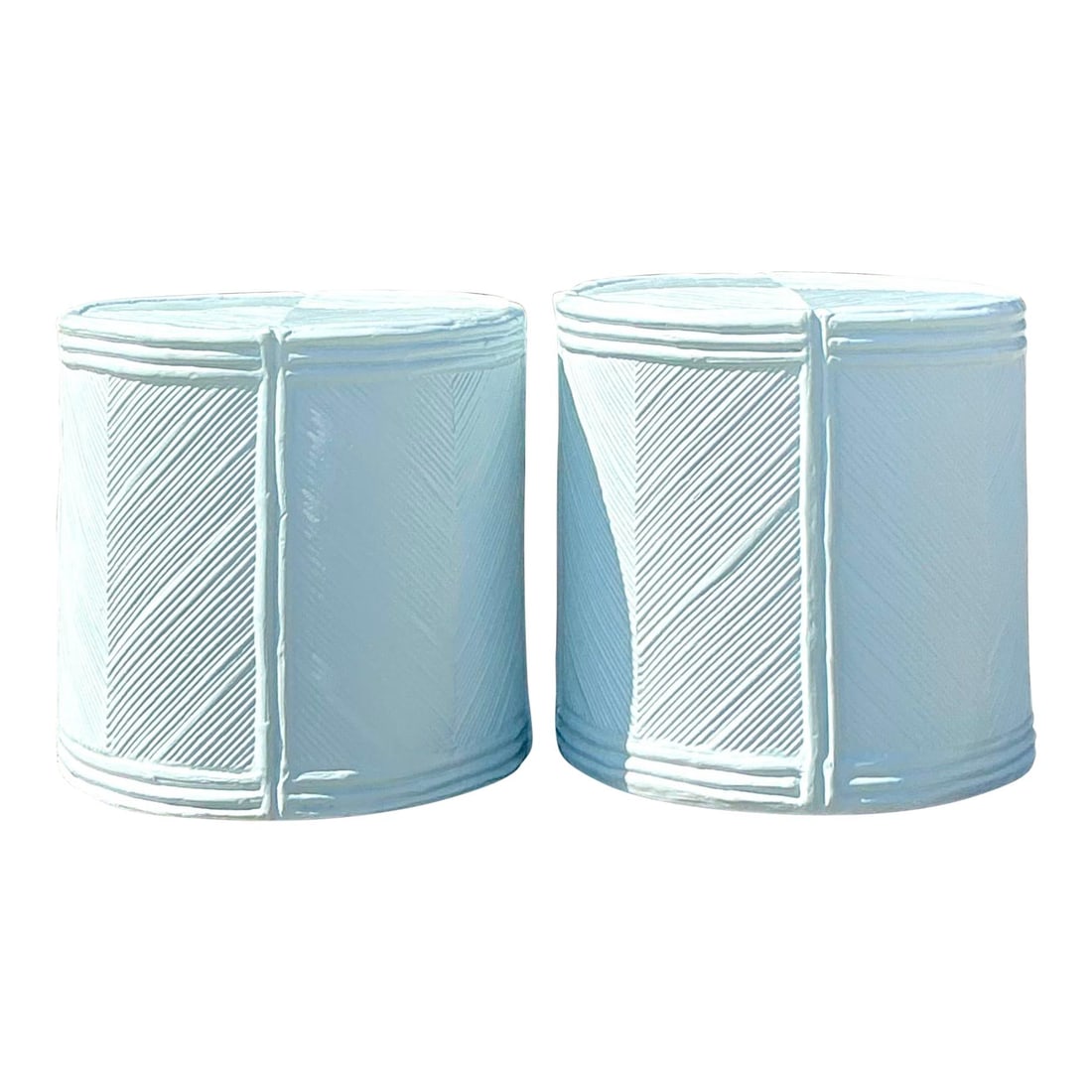 Vintage Coastal Pair Baby Blue Lacquered Reed Side Tables: Vintage Coastal Pair Baby Blue Lacquered Reed Side Tables Enhance your living space with this pair of vintage coastal side tables, featuring a chic lacquered pencil reed design that adds natural textu