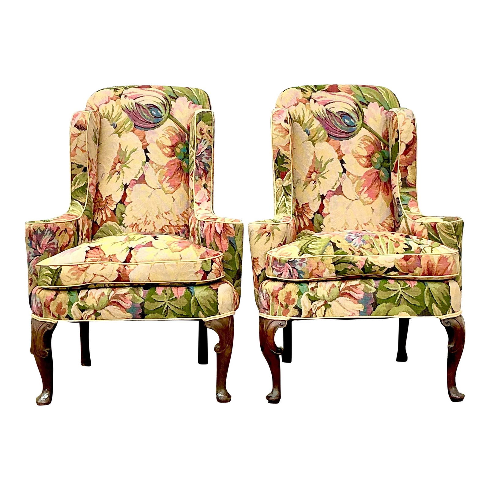 Vintage Boho Wingback Chairs Pair Brunschwig Fils Floral Upholstery: Vintage Boho Wingback Chairs Pair Brunschwig Fils Floral Upholstery Enhance your living space with this stunning pair of vintage boho wingback chairs, expertly upholstered in Brunschwig & Fils floral
