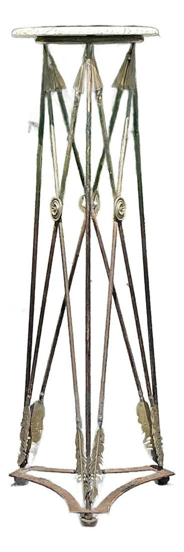 Vintage Regency Wrought Iron Brass Arrow Pedestal 15x15x42: Vintage Regency Wrought Iron Brass Arrow Pedestal 15x15x42 Transform your space with this Vintage Regency Wrought Iron and Brass Arrow Pedestal, showcasing impeccable craftsmanship and timeless elegan