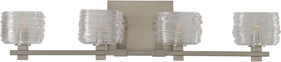 Kalco Clearwater Satin Nickel 4-Light Bath Light with Spun Glass: Kalco Clearwater Satin Nickel 4-Light Bath Light with Spun Glass Illuminate your bathroom with this elegant Satin Nickel Bath Light featuring a modern design and spun glass shades. This stylish fixtur