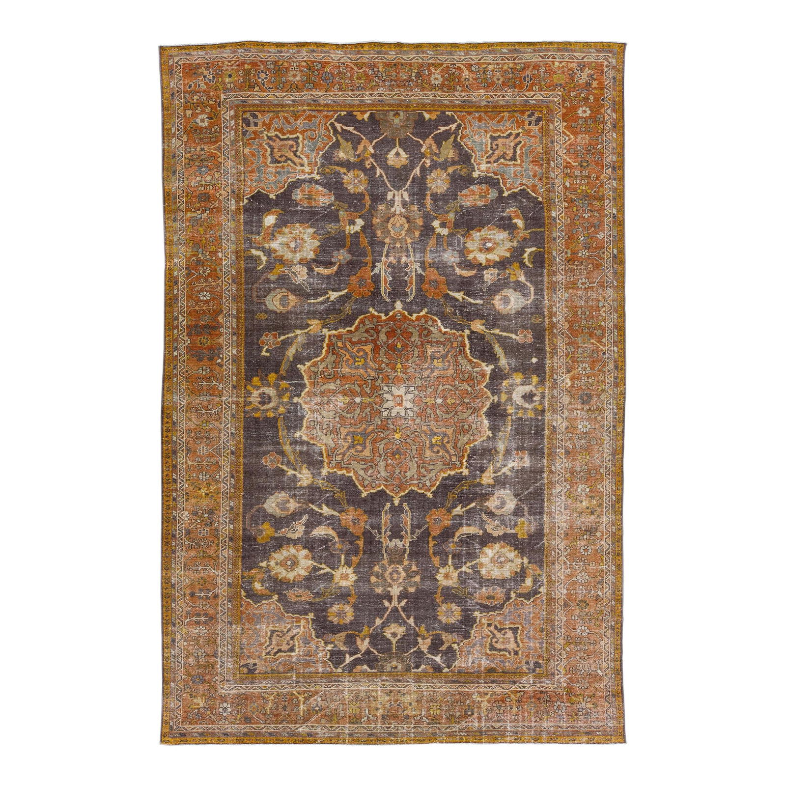1900s Antique Persian Mahal Wool Rug Grey Orange Medallion 9'10 x 14'9: 1900s Antique Persian Mahal Wool Rug Grey Orange Medallion 9'10 x 14'9 Discover the elegance of this exquisite Antique Mahal hand-knotted wool rug, showcasing a stunning gray field adorned with rust-o