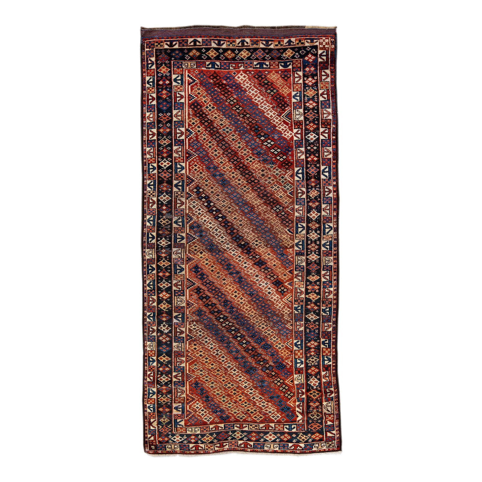 Rust Geometric Design Vintage Hand-Knotted Wool Runner 4'1 x 8'10: Rust Geometric Design Vintage Hand-Knotted Wool Runner 4'1 x 8'10 Enhance your space with this exquisite Rust Vintage Kurd Handmade Geometric Designed Wool Runner. This stunning hand-knotted rug showc