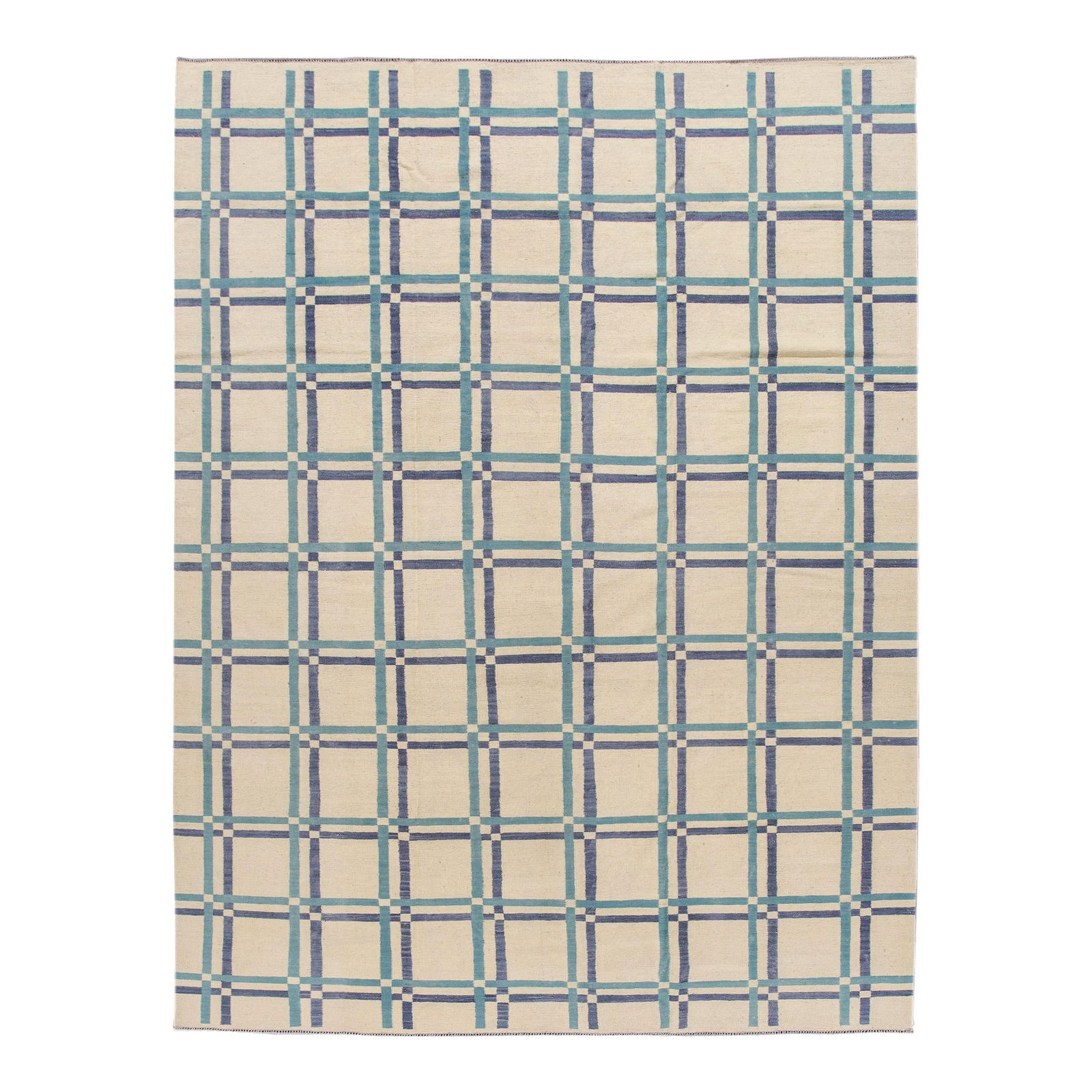 Mid 20th Century Modern Ivory Wool Kilim Geometric Rug 9'2 x 12'1: Mid 20th Century Modern Ivory Wool Kilim Geometric Rug 9'2 x 12'1 Enhance your space with this stunning Mid 20th Century Modern Kilim rug, expertly hand-woven from high-quality wool. Featuring a capti