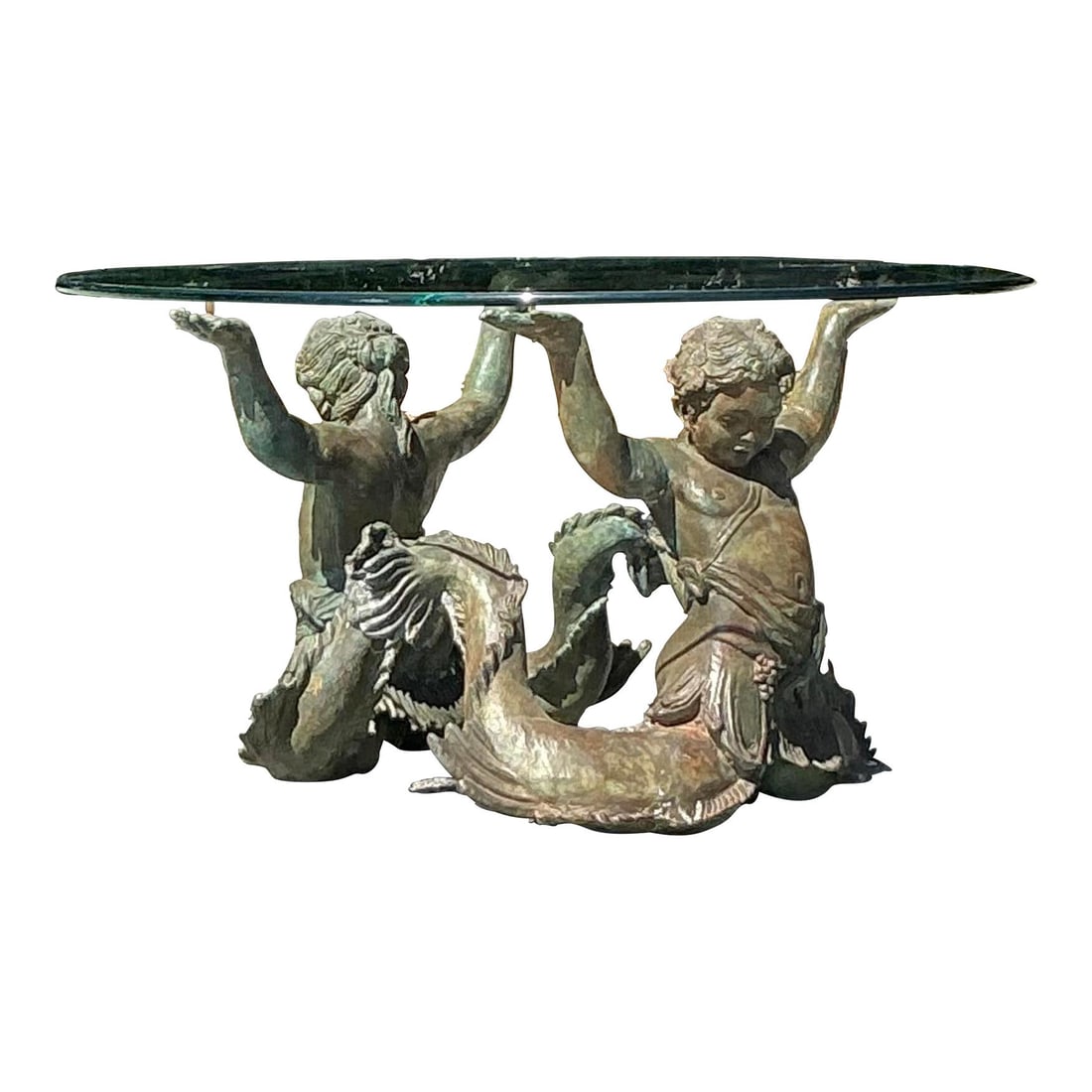Vintage Coastal Patinated Bronze Putti De Mare Coffee Table with Glass Top: Vintage Coastal Patinated Bronze Putti De Mare Coffee Table with Glass Top Transform your living area with this Vintage Coastal Patinated Bronze Putti De Mare Coffee Table, a perfect blend of artistry