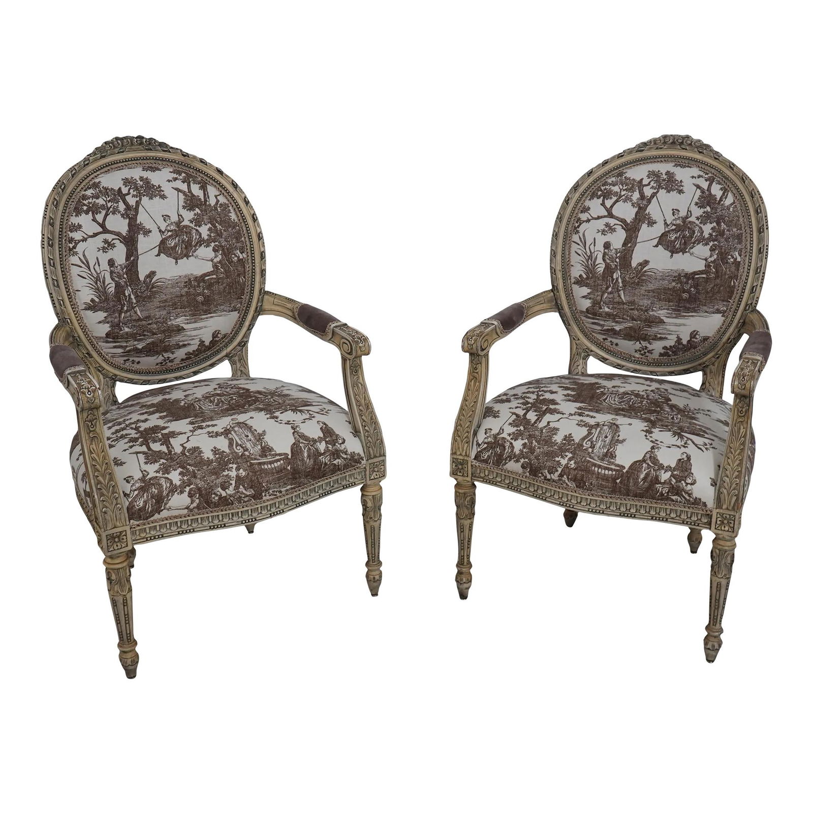 Vintage French Louis XVI Medallion Back Armchairs Pair C.1900-1920s: Vintage French Louis XVI Medallion Back Armchairs Pair C.1900-1920s This pair of vintage French Louis XVI medallion back armchairs, dating from approximately 1900 to the 1920s, showcases exquisite car