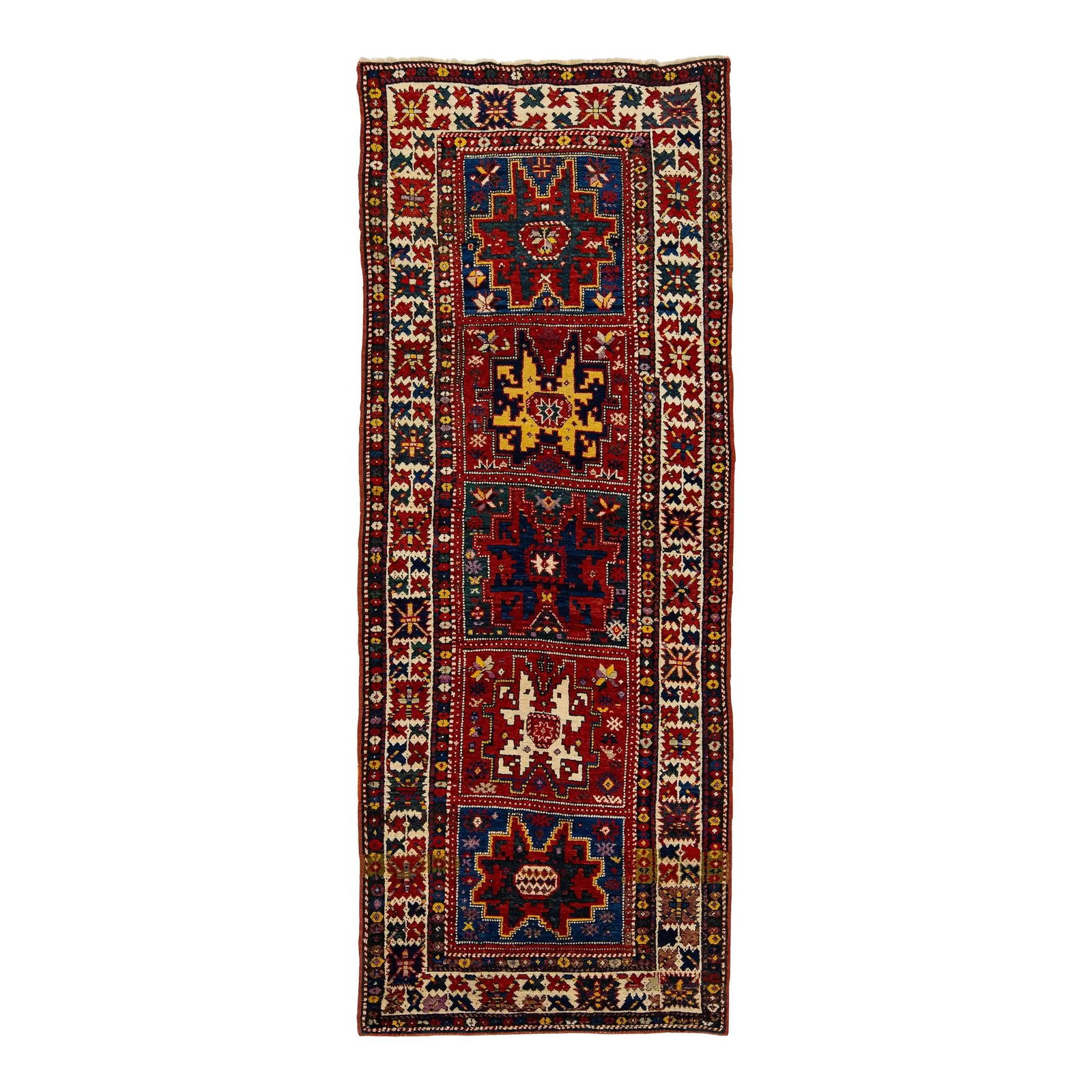 Antique Kazak Wool Runner Rug Multicolor Tribal Design 3'7 x 9'3: Antique Kazak Wool Runner Rug Multicolor Tribal Design 3'7 x 9'3 This exquisite Kazak runner rug, handcrafted in the 1900s, features a vibrant red color field enhanced by multicolor accents in an intr
