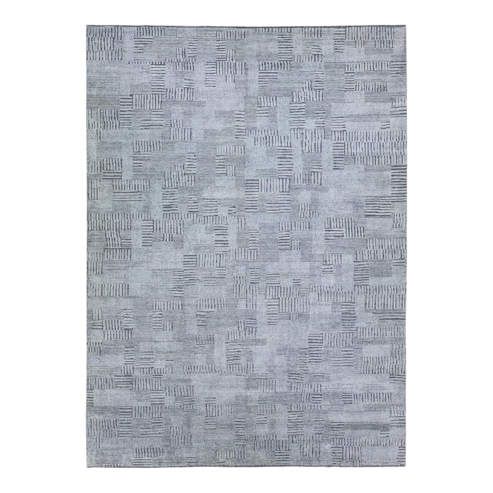 Handmade Moroccan Geometric Abstract Gray Wool Rug 10'2 x 14': Handmade Moroccan Geometric Abstract Gray Wool Rug 10'2 x 14' Enhance your space with this stunning modern Moroccan style hand-knotted wool rug featuring a sophisticated gray field. Designed with intr