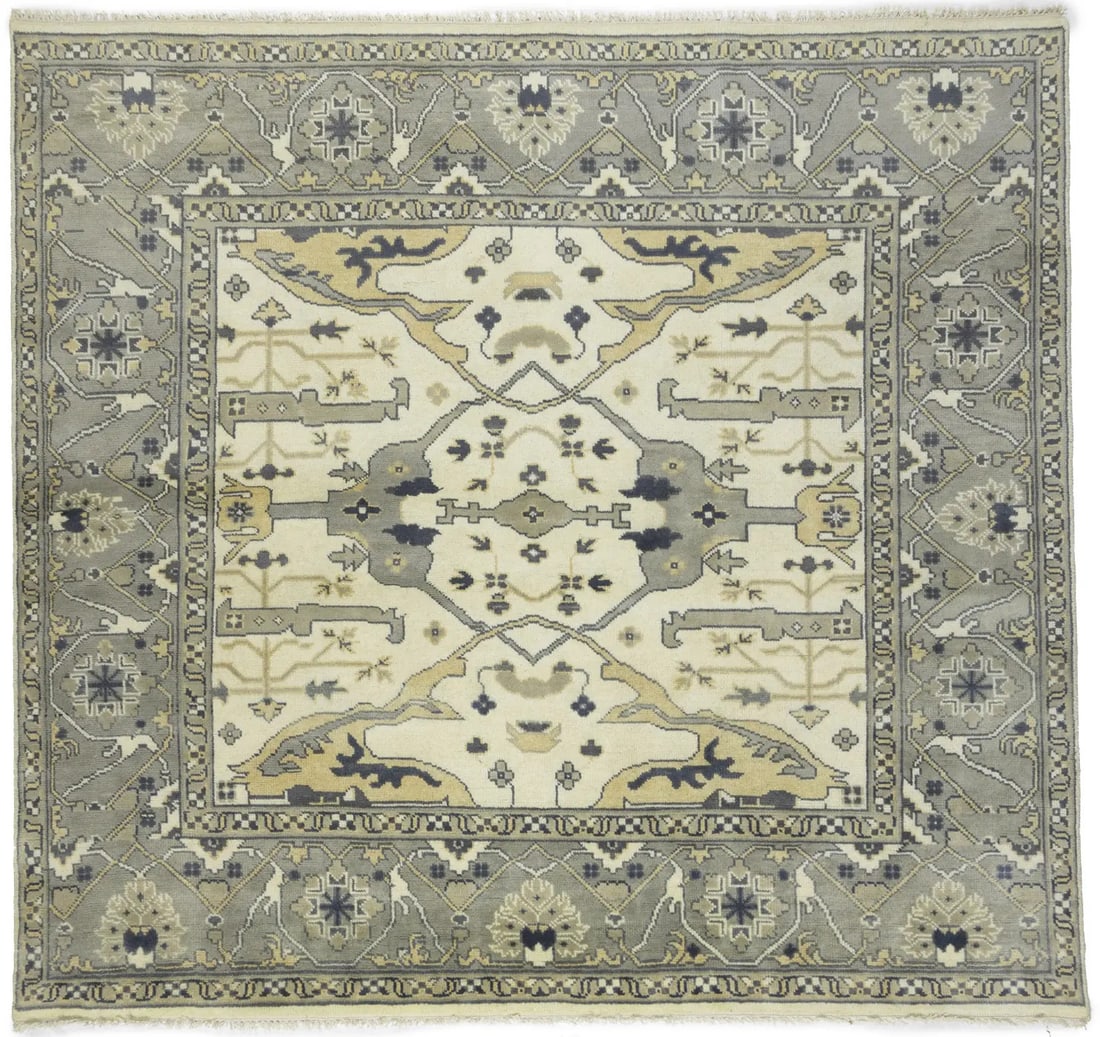Square Hand-Knotted Wool Area Rug with Muted Floral Pattern 7'9 x 8'4: Square Hand-Knotted Wool Area Rug with Muted Floral Pattern 7'9 x 8'4 This is a hand-knotted Oushak-style wool area rug featuring a muted floral pattern in cream, taupe, beige, and related tones. The