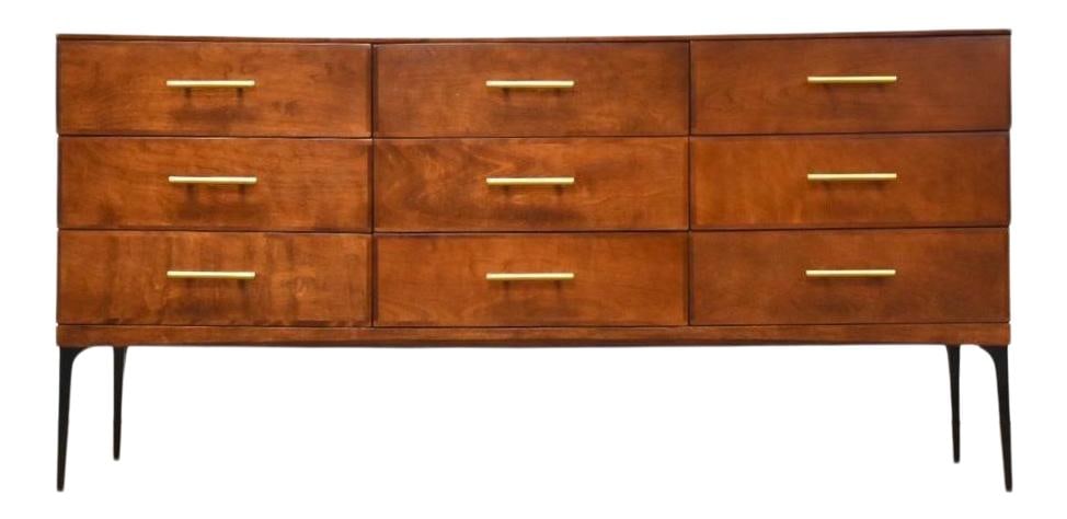 Heywood Wakefield Contessa Walnut Birch Dresser with Steel Legs: Heywood Wakefield Contessa Walnut Birch Dresser with Steel Legs This stunning mid-century modern dresser features a rich walnut-colored finish crafted from birch, designed by Heywood Wakefield Contess