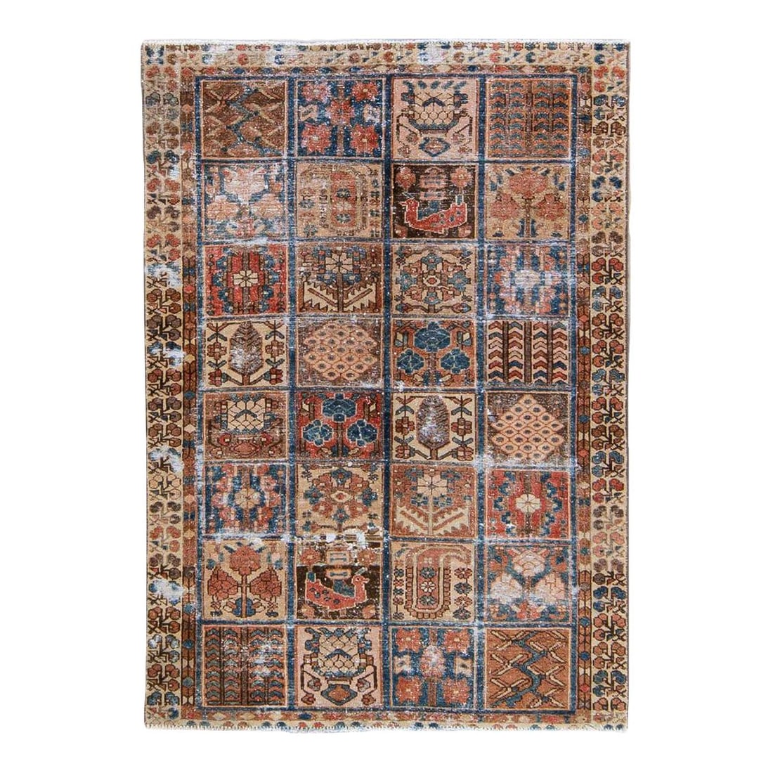 1960s Vintage Hand-Knotted Brown Wool Rug with Geometric Design: 1960s Vintage Hand-Knotted Brown Wool Rug with Geometric Design This exquisite vintage handmade wool rug from the 1960s features a warm brown field adorned with a striking geometric distressed design,