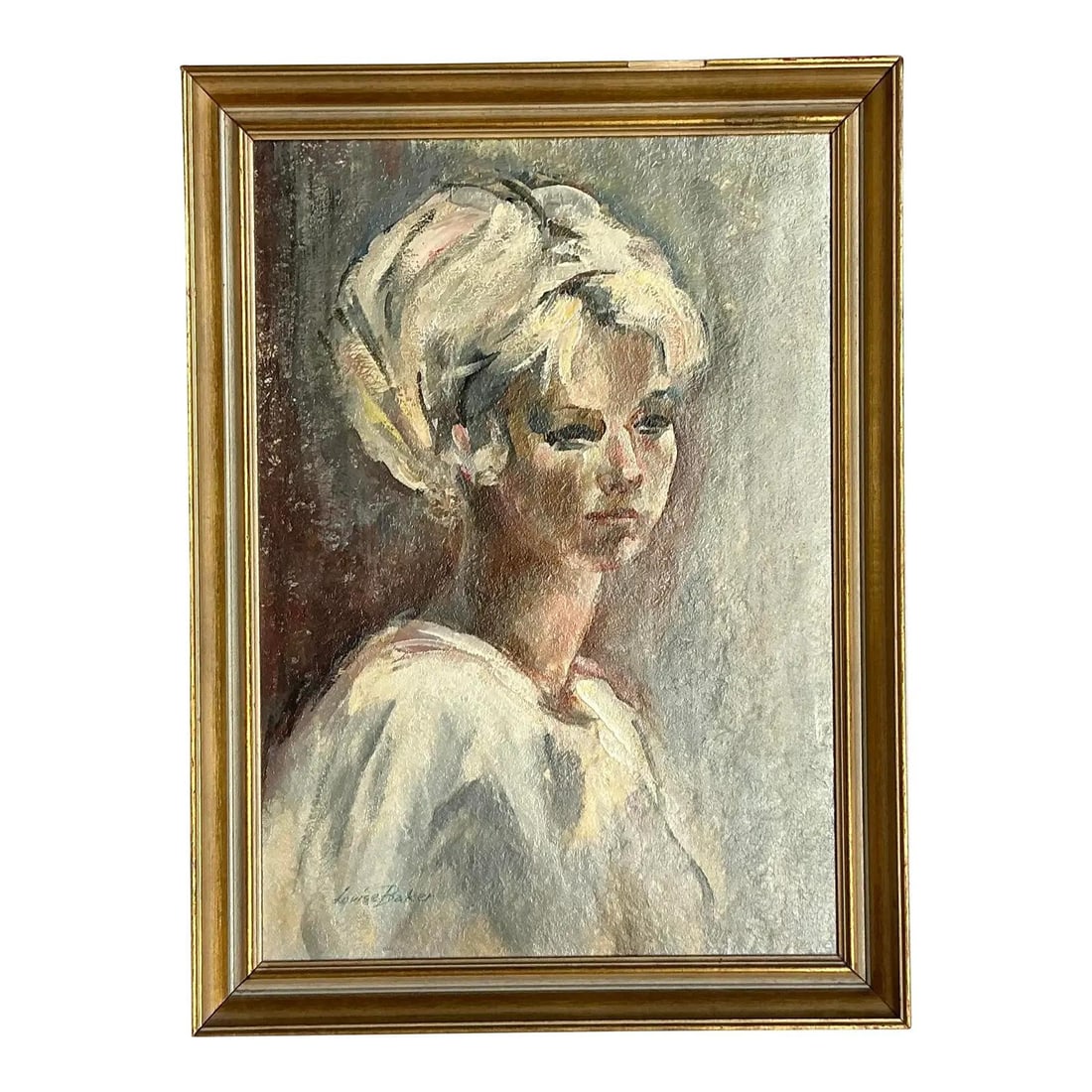 Lonie Baker Vintage Oil Portrait on Canvas 18x24.5 in Gold Frame: Lonie Baker Vintage Oil Portrait on Canvas 18x24.5 in Gold Frame Immerse yourself in the soulful elegance of this vintage oil portrait, masterfully painted on canvas. This original artwork features a