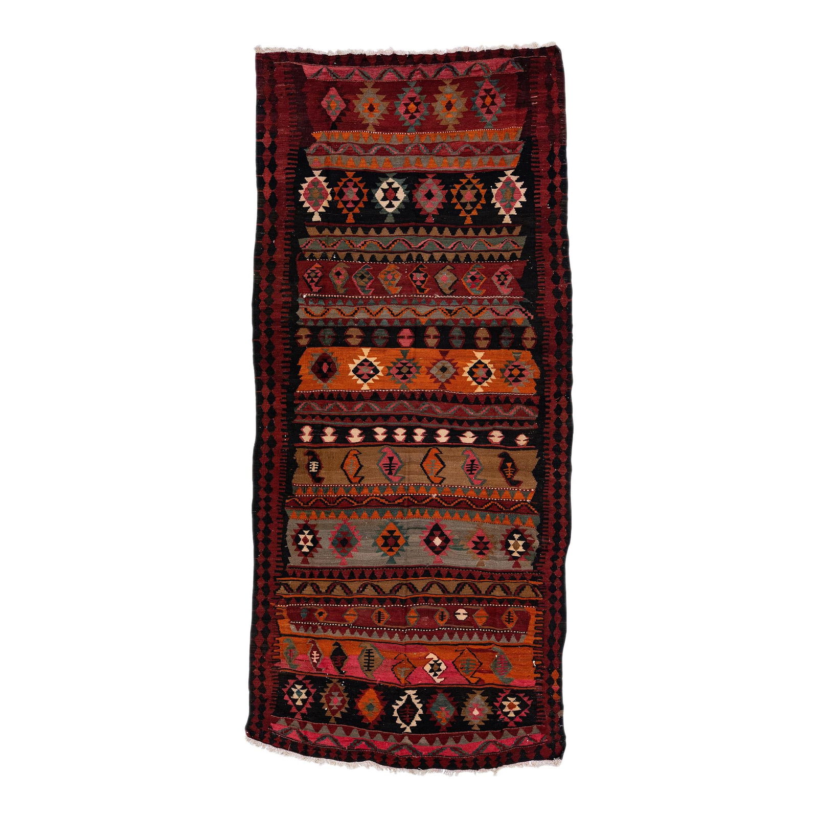 1960s Vintage Turkish Kilim Wool Rug Multicolor Tribal Design 5'4" x 12': 1960s Vintage Turkish Kilim Wool Rug Multicolor Tribal Design 5'4" x 12' Discover the charm of this vintage Turkish Kilim rug, expertly hand-knotted from high-quality wool. Featuring a striking red fi