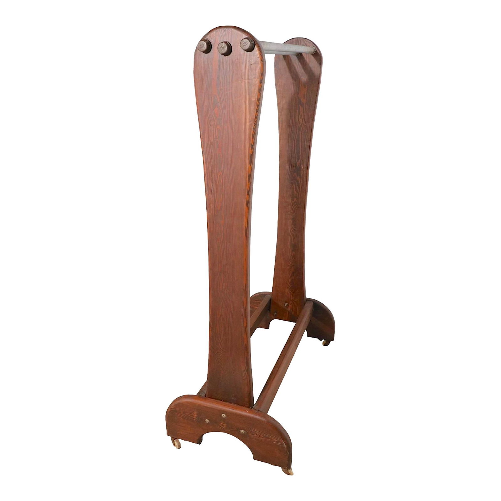 Unique 1970s Handmade Pine Clothing Rack with Industrial Pipes: Unique 1970s Handmade Pine Clothing Rack with Industrial Pipes This unique homemade clothing rack, crafted in the 1970s, features a solid pine frame complemented by three pipes at the top, providing s