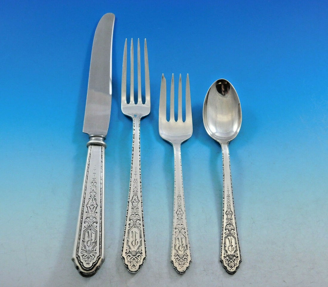 Lunt Mary II Sterling Silver Flatware Set for 8 with R Monogram 36 pcs (1 of 8)