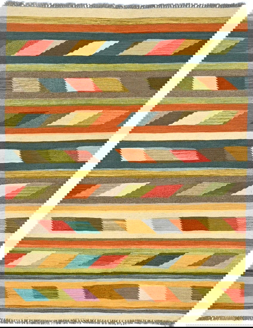 Hand-Woven Wool Geometric Kilim Rug Multicolor 4'3 x 5'7 Area Carpet: Hand-Woven Wool Geometric Kilim Rug Multicolor 4'3 x 5'7 Area Carpet This multicolored Kilim Oriental rug features a geometric design and is hand-woven from wool. Its reversible construction makes it