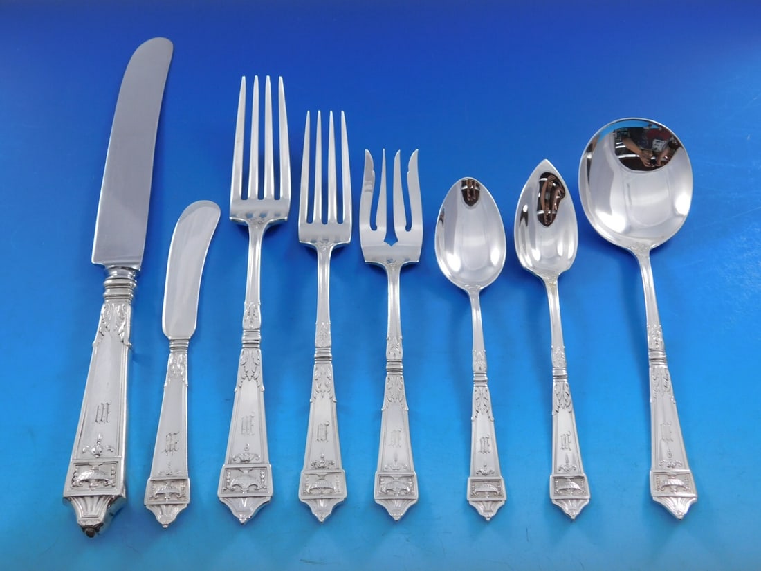 Gorham Lansdowne Sterling Silver 96-Piece Flatware Set with Monogram M: Gorham Lansdowne Sterling Silver 96-Piece Flatware Set with Monogram M Elevate your dining experience with the Lansdowne by Gorham Sterling Silver Flatware Service. This exquisite 96-piece set, crafte