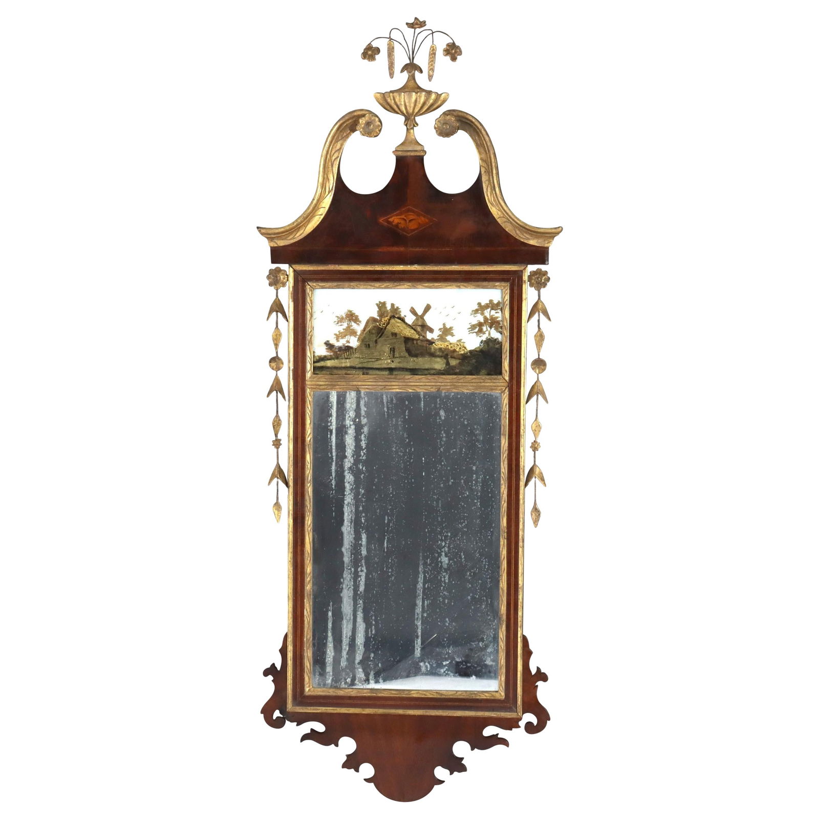 19th Century Federal Trumeau Mirror Flame Mahogany with Satinwood Inlay: 19th Century Federal Trumeau Mirror Flame Mahogany with Satinwood Inlay This exquisite 19th-century Federal Trumeau mirror showcases a stunning flame mahogany frame, highlighting the craftsmanship of