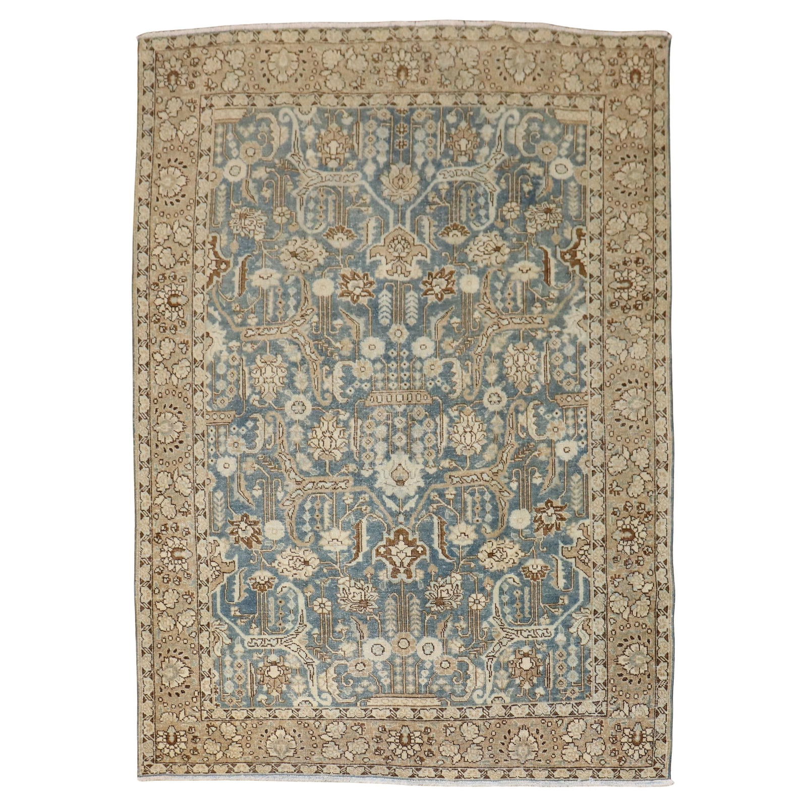 Blue Antique Persian Tabriz Rug 4'4 x 5'10 Hand-Woven Wool: Blue Antique Persian Tabriz Rug 4'4 x 5'10 Hand-Woven Wool This exquisite blue antique Persian Tabriz rug features a charming American Colonial style, adding a touch of elegance to any space. Hand-wov