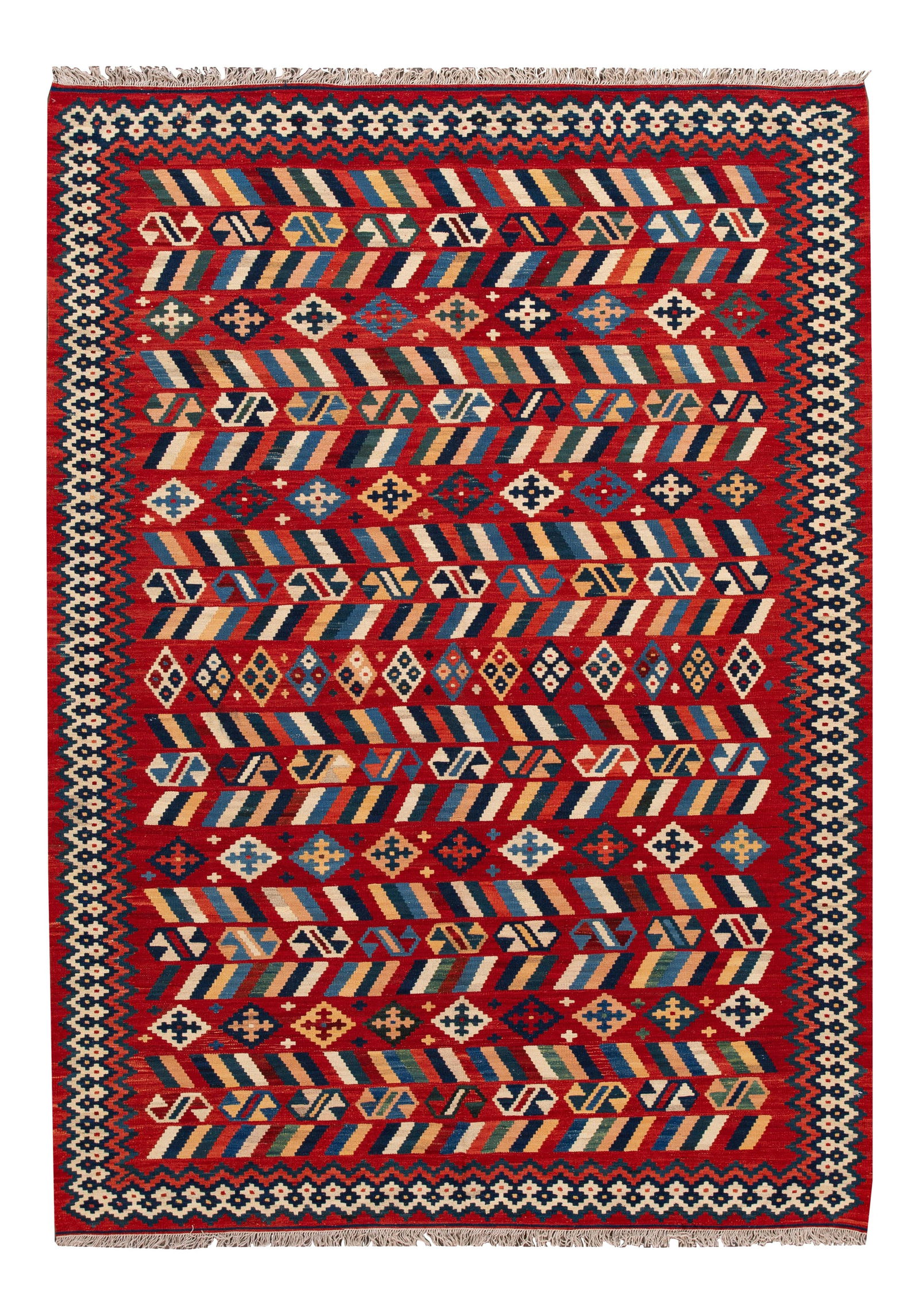 Hand-Woven 21st Century Red Wool Kilim Rug 7'4" x 10' Geometric Design: Hand-Woven 21st Century Red Wool Kilim Rug 7'4" x 10' Geometric Design Enhance your living space with this stunning hand-woven modern Kilim rug, featuring a vibrant red field adorned with multi-color