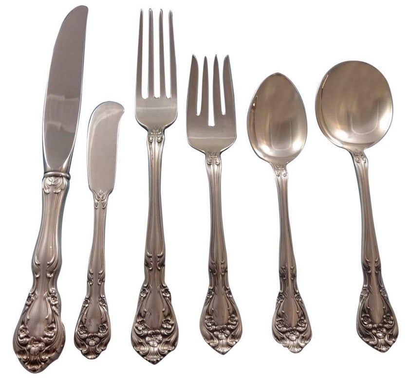 Alvin Chateau Rose Sterling Silver Flatware Set for 8 - 53 Pieces with Storage Chest: Alvin Chateau Rose Sterling Silver Flatware Set for 8 - 53 Pieces with Storage Chest Discover the elegance of the Chateau Rose by Alvin Sterling Silver Flatware Set, designed to serve 8 and comprising
