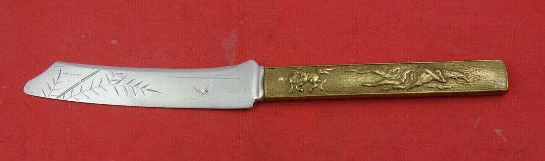 Gorham Kozuka Sterling Silver Fish Knife 8 Brass Handle Chickens: Gorham Kozuka Sterling Silver Fish Knife 8 Brass Handle Chickens Introducing the Kozuka Fish Knife by Gorham, a stunning example of craftsmanship combining functionality with artistic design. This 8-i