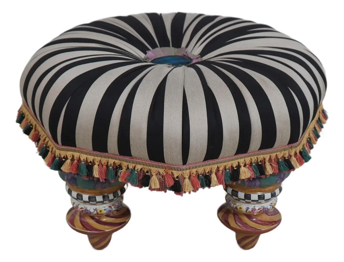 Mackenzie Childs Large Ottoman with Hand Painted Terra Cotta Legs: Mackenzie Childs Large Ottoman with Hand Painted Terra Cotta Legs This Mackenzie Childs Whimsical Large Ottoman features a striking design with hand-painted terracotta legs and intricate fringe work.