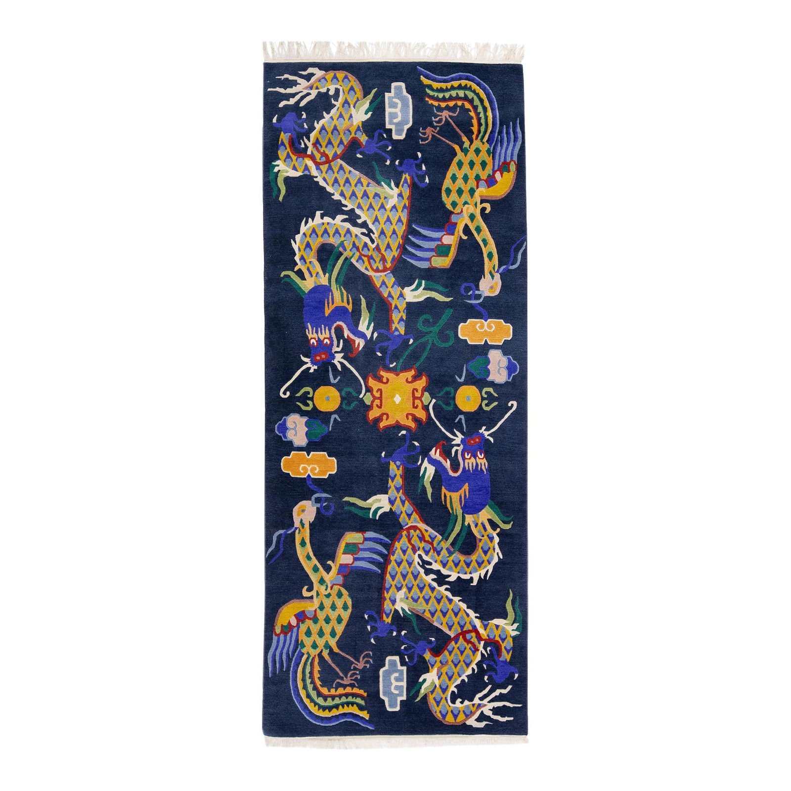 Antique Chinese Peking Wool Rug Blue Dragon Design 3'1" x 7'10": Antique Chinese Peking Wool Rug Blue Dragon Design 3'1" x 7'10" This exquisite antique Peking rug showcases a stunning hand-knotted design, featuring a rich navy blue field adorned with a vibrant mult