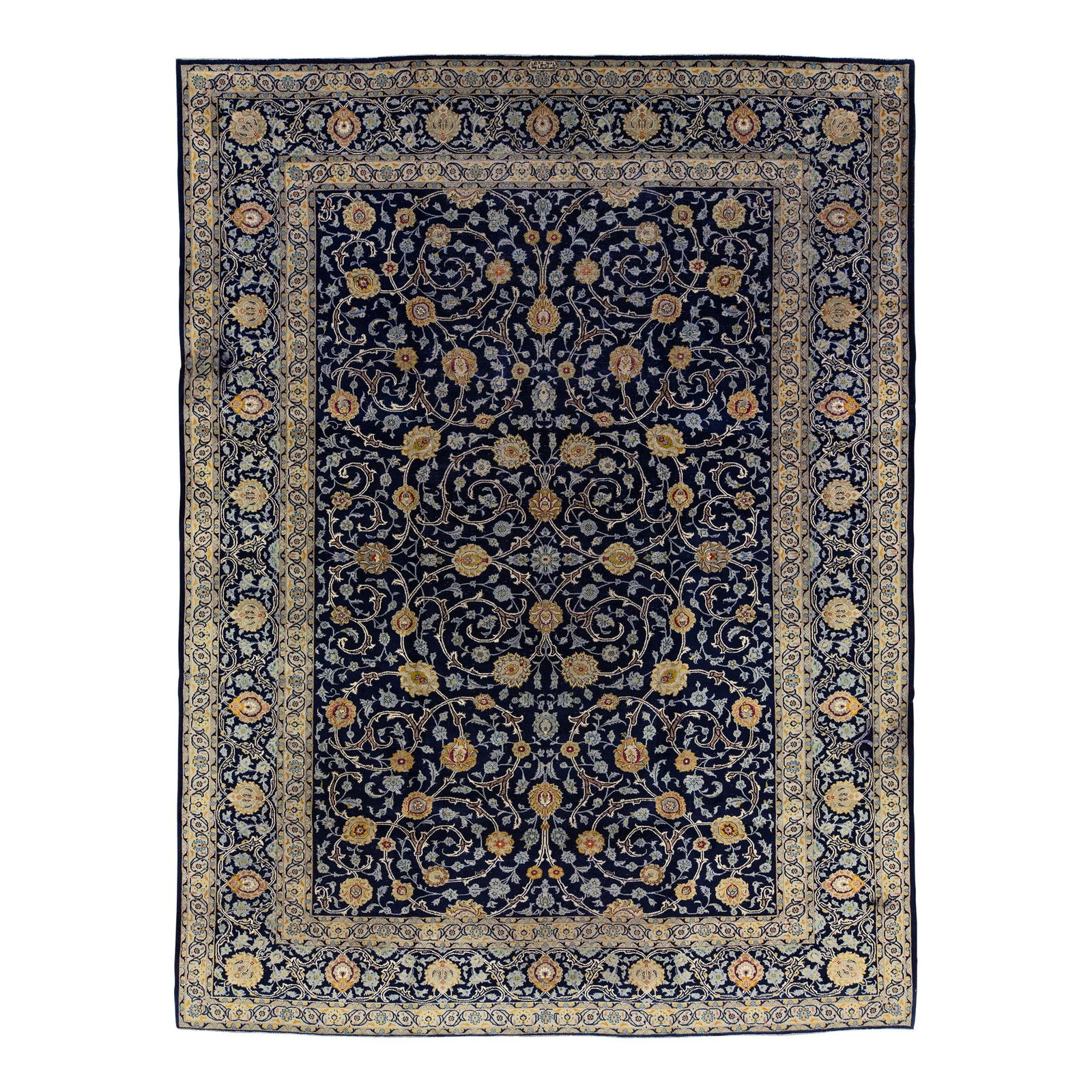 Vintage Kashan Persian Wool Rug Navy Blue Floral 9'8 x 12'9: Vintage Kashan Persian Wool Rug Navy Blue Floral 9'8 x 12'9 Enhance your space with this Vintage Handmade Wool Rug, featuring a rich navy blue field adorned with an allover floral pattern in yellow, b