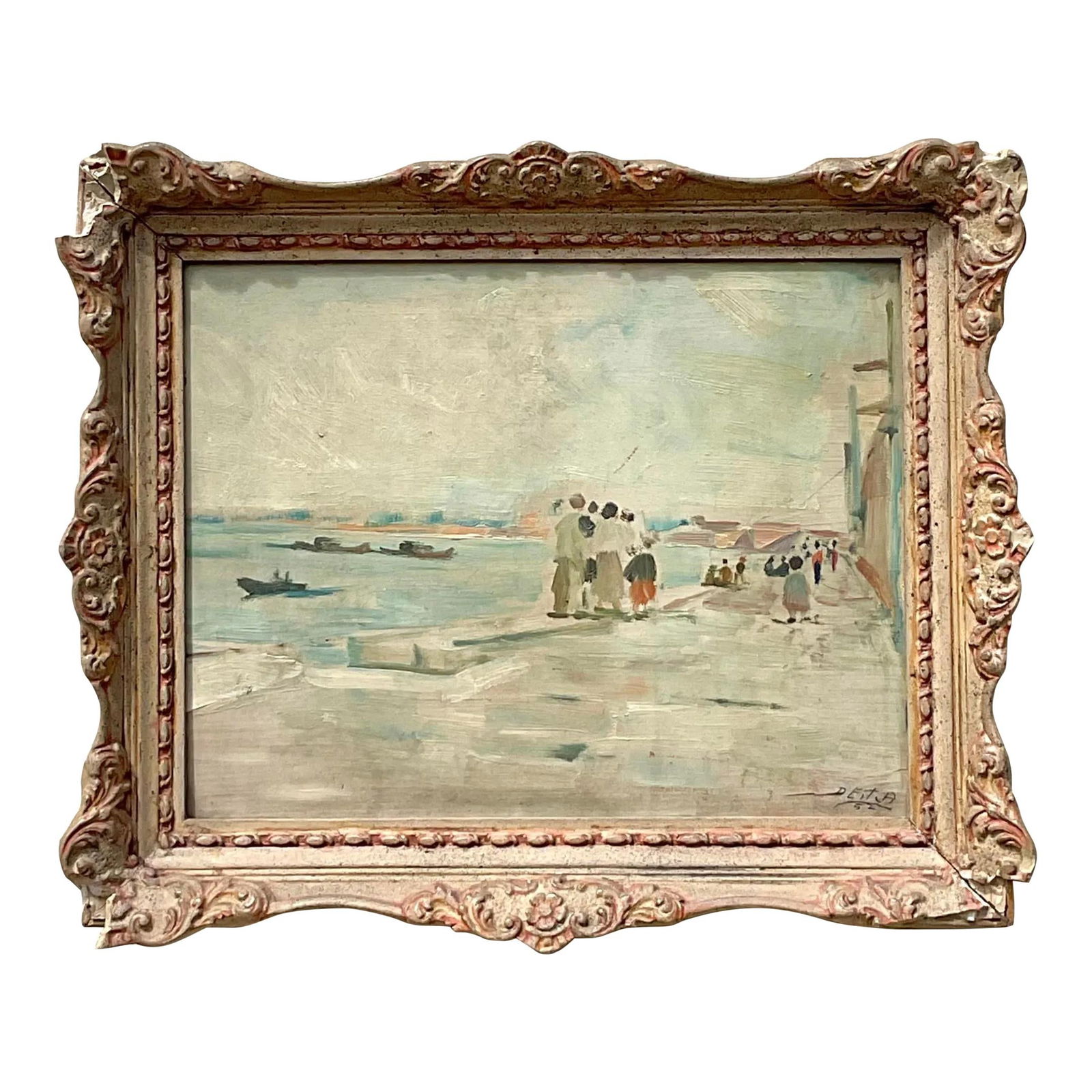 Vintage Regency Seascape Oil Painting on Board with Ornate Frame: Vintage Regency Seascape Oil Painting on Board with Ornate Frame Immerse yourself in this Vintage Regency Figurative Seascape Oil Painting, meticulously rendered on board. This original artwork captur