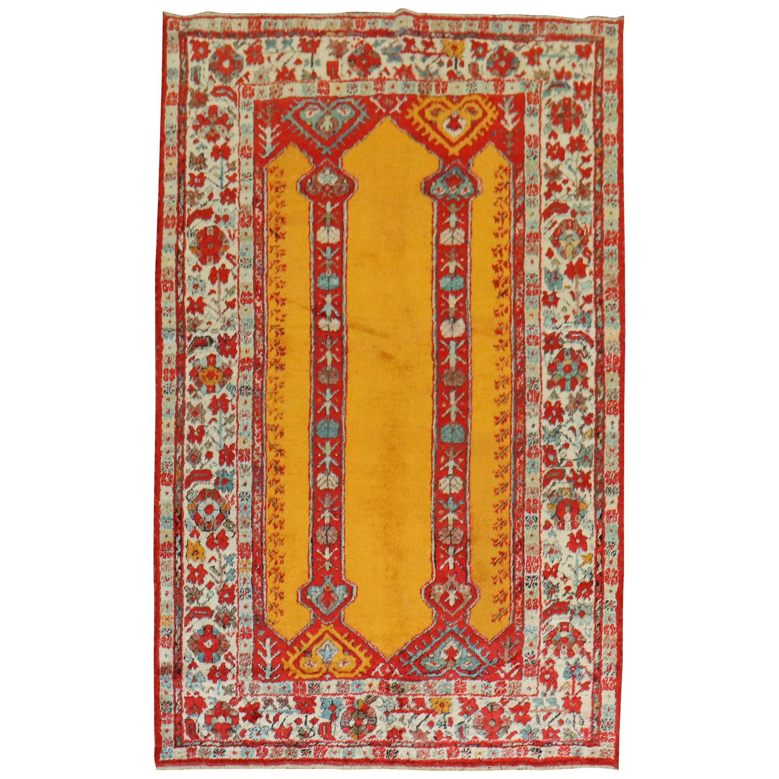 Early 20th Century Bright Saffron Angora Oushak Rug 47 x 73 Hand-Woven Turkey: Early 20th Century Bright Saffron Angora Oushak Rug 47 x 73 Hand-Woven Turkey This exquisite early 20th century Oushak rug showcases a vibrant saffron color field adorned with a double scroll column p