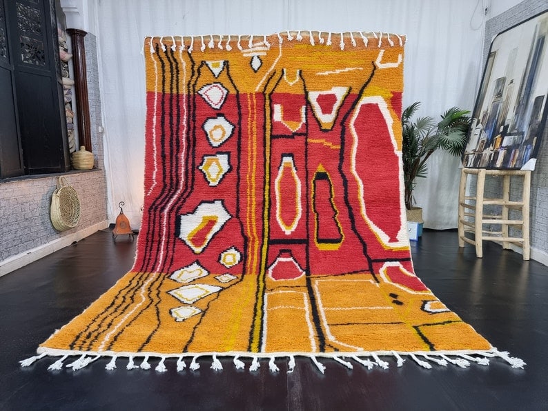 Vibrant Handwoven Moroccan Berber Rug 100% Wool 9.84 x 6.56 Feet: Vibrant Handwoven Moroccan Berber Rug 100% Wool 9.84 x 6.56 Feet Transform your living space with this stunning handwoven Moroccan Berber rug, a masterpiece of artistry and cultural heritage. Expertly