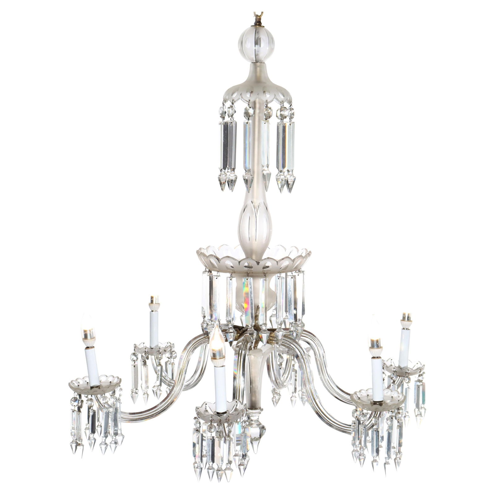 Elegant C1920 Italian Opalescent Glass & Crystal Six-Light Chandelier: Elegant C1920 Italian Opalescent Glass & Crystal Six-Light Chandelier This stunning Antique Italian Opalescent Glass & Cut Crystal Six-Light Chandelier, dating back to circa 1920, is an exquisite exam