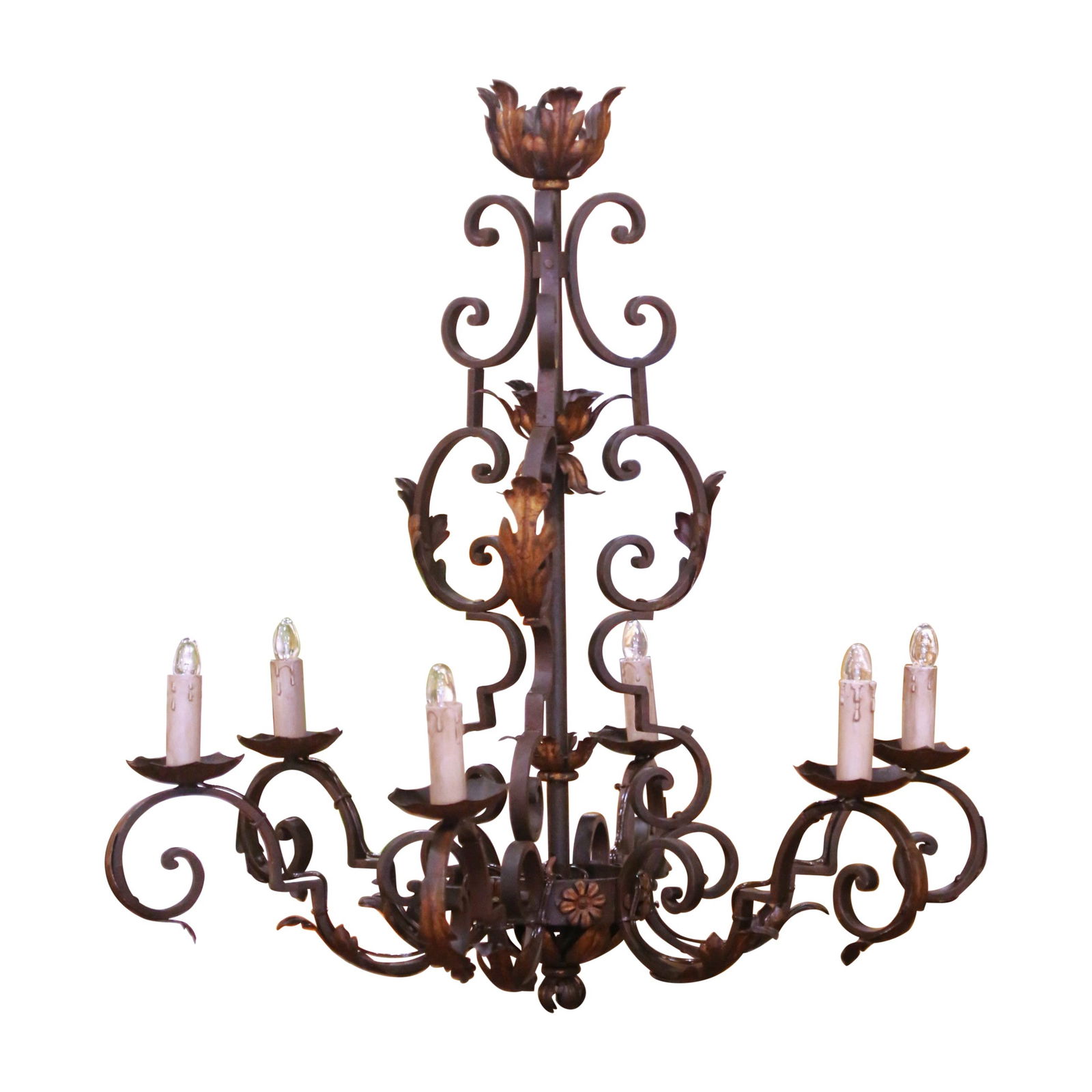 Early 20th Century French Gilt Iron Six-Light Chandelier: Early 20th Century French Gilt Iron Six-Light Chandelier Crafted in France circa 1920, this exquisite six-light chandelier showcases the artistry of early 20th-century ironwork. It features a beautifu