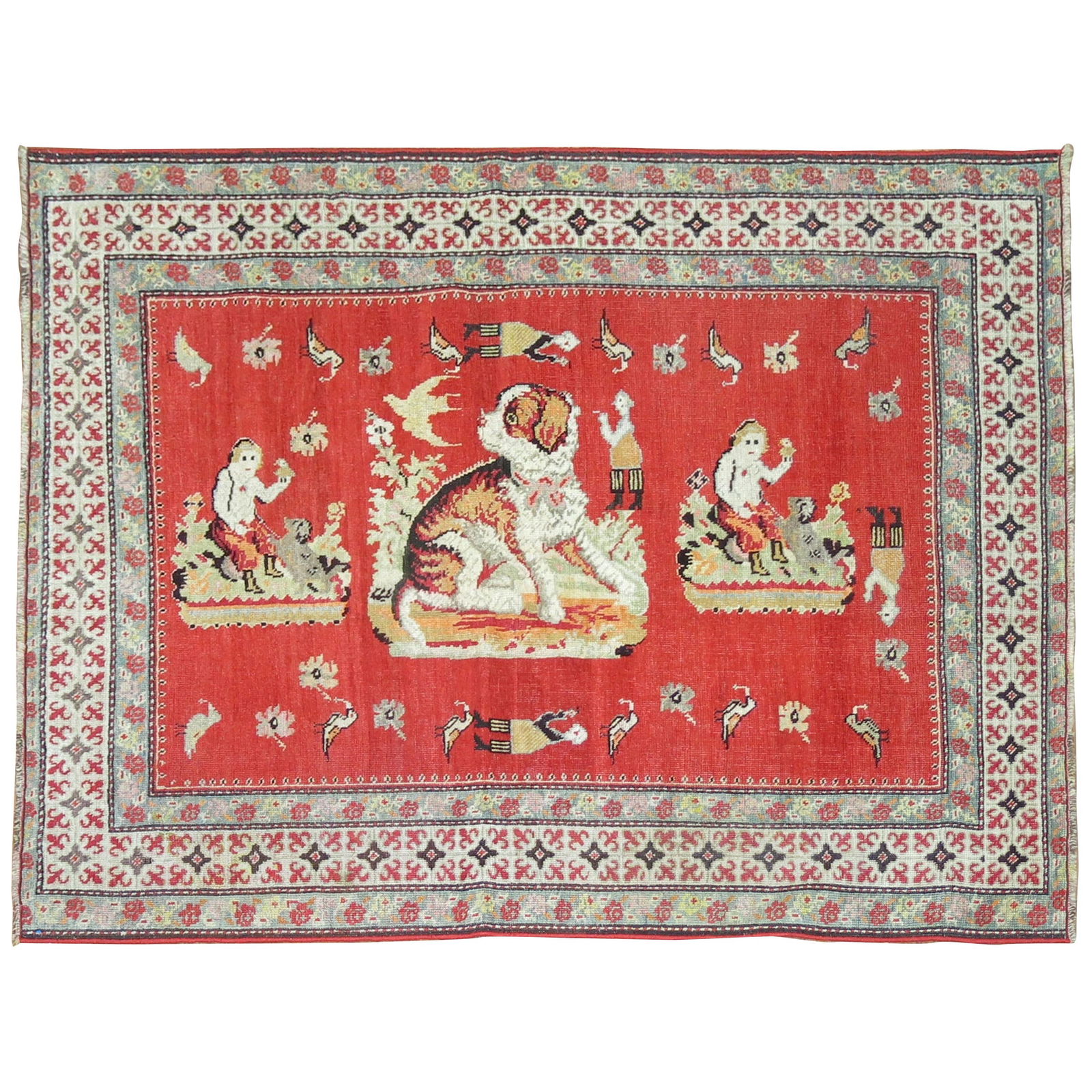 Antique Karabagh Dog Pictorial Rug Folk Art 45 x 74 in: Antique Karabagh Dog Pictorial Rug Folk Art 45 x 74 in Discover the beauty of this Zabihi Collection Pictorial Dog Animal Antique Karabagh Rug, a stunning piece of folk art that adds character to any