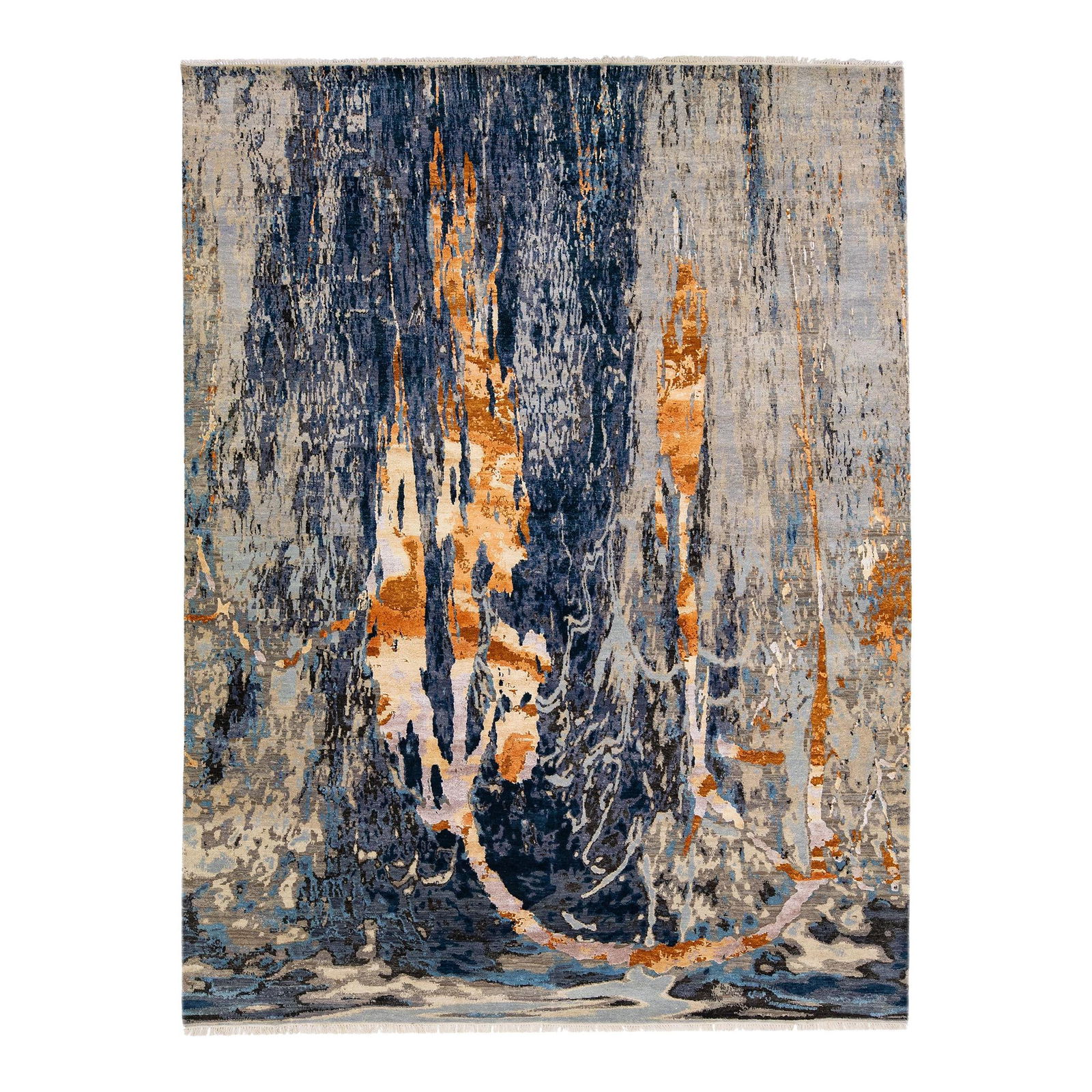 9x12 Modern Gray Abstract Tibetan Wool Silk Rug: 9x12 Modern Gray Abstract Tibetan Wool Silk Rug Enhance your living space with this stunning modern Tibetan rug, crafted from a blend of wool and silk. Featuring an abstract pattern in shades of gray,