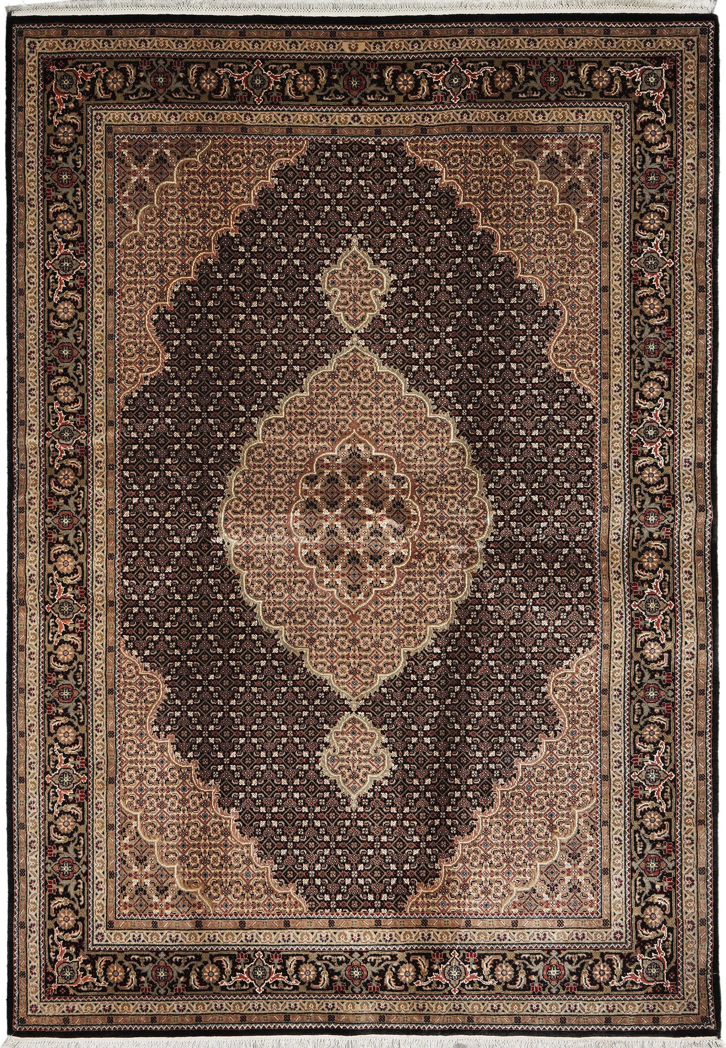 5.5 x 8 Black Tabriz Mahi Wool Silk Handmade Persian Rug: 5.5 x 8 Black Tabriz Mahi Wool Silk Handmade Persian Rug Free continental US Shipping This 5.5 x 8 Black Tabriz Mahi rug is a handmade Persian carpet crafted in Tabriz, Iran. Featuring the traditional