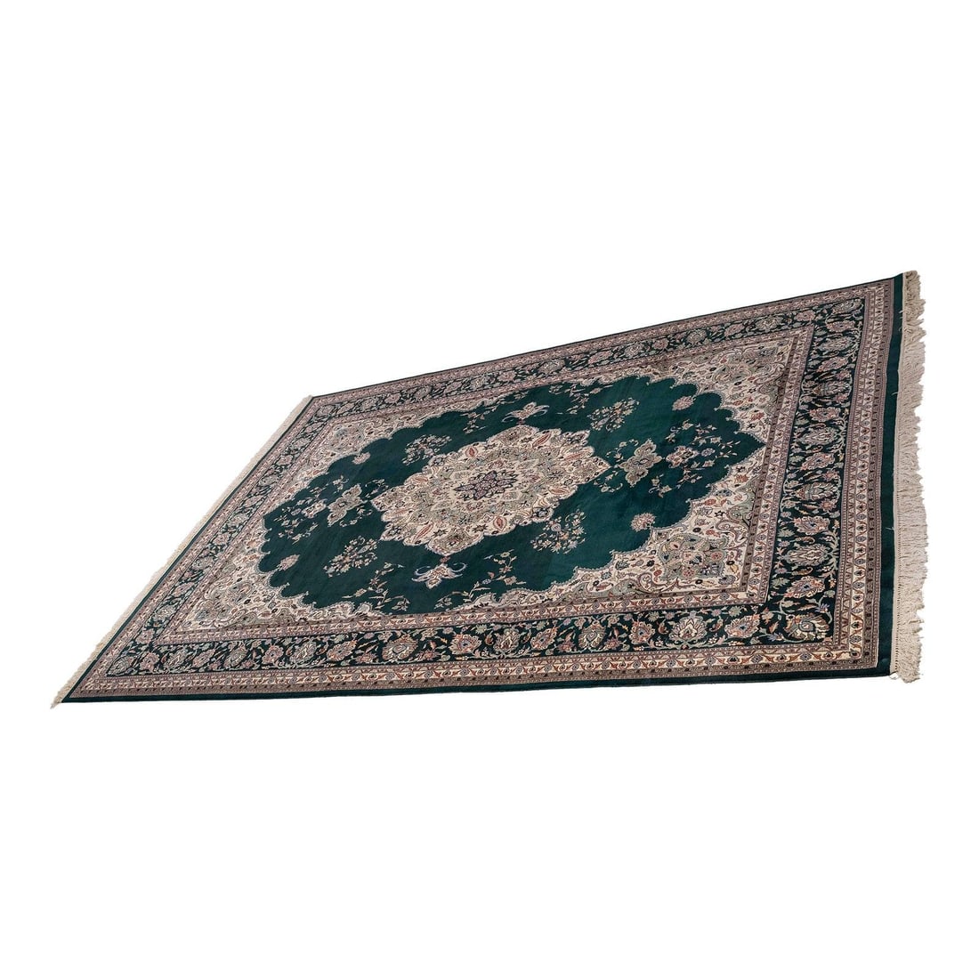 Vintage Hand Woven Green Oriental Medallion Rug 120 x 168: Vintage Hand Woven Green Oriental Medallion Rug 120 x 168 This vintage Oriental green field medallion rug is approximately 80 years old and features a high-quality hand-woven construction. The vibrant